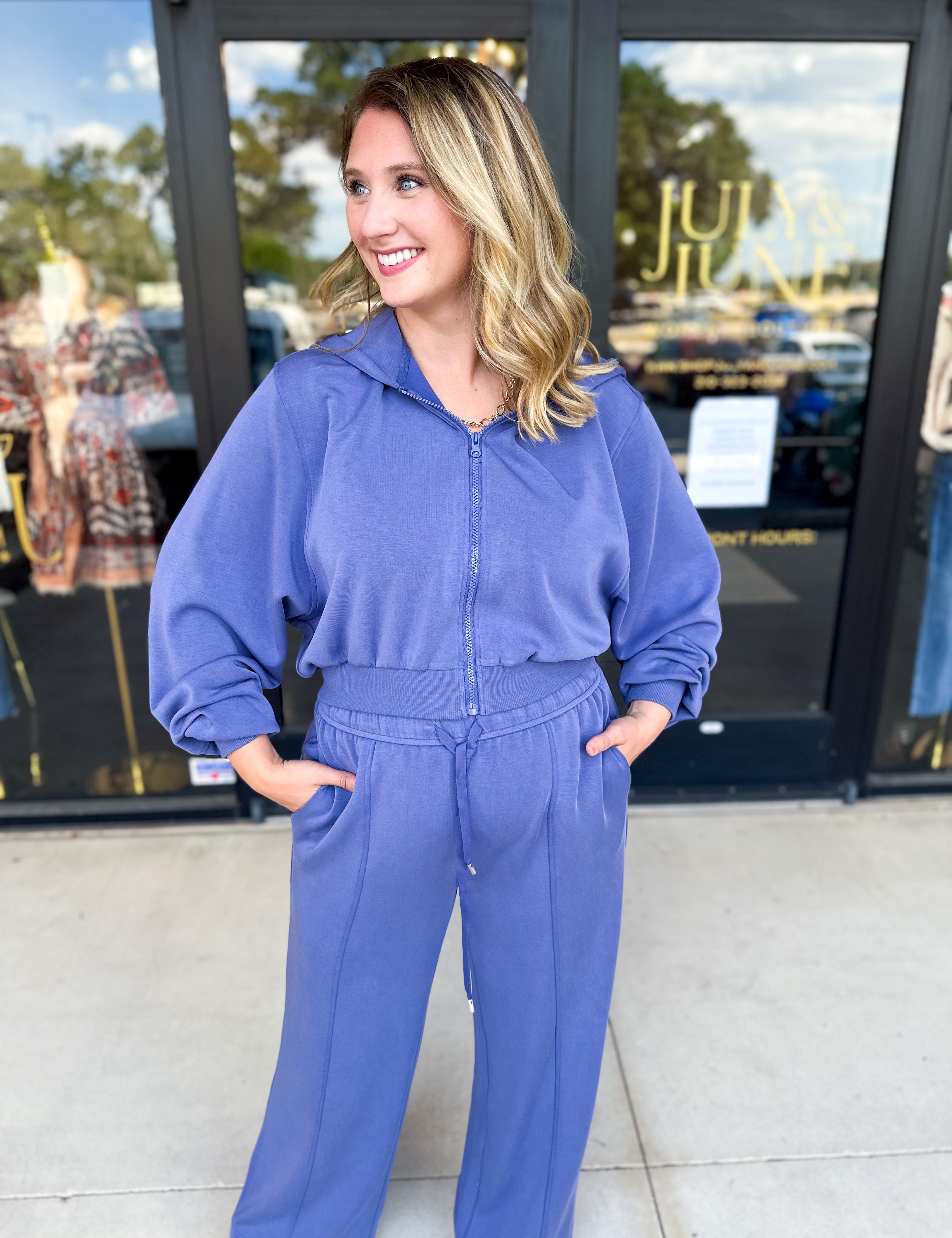 Soft Modal Hooded Jacket - Denim Blue-300 Athleisure/Lounge-SKIES ARE BLUE-July & June Women's Fashion Boutique Located in San Antonio, Texas