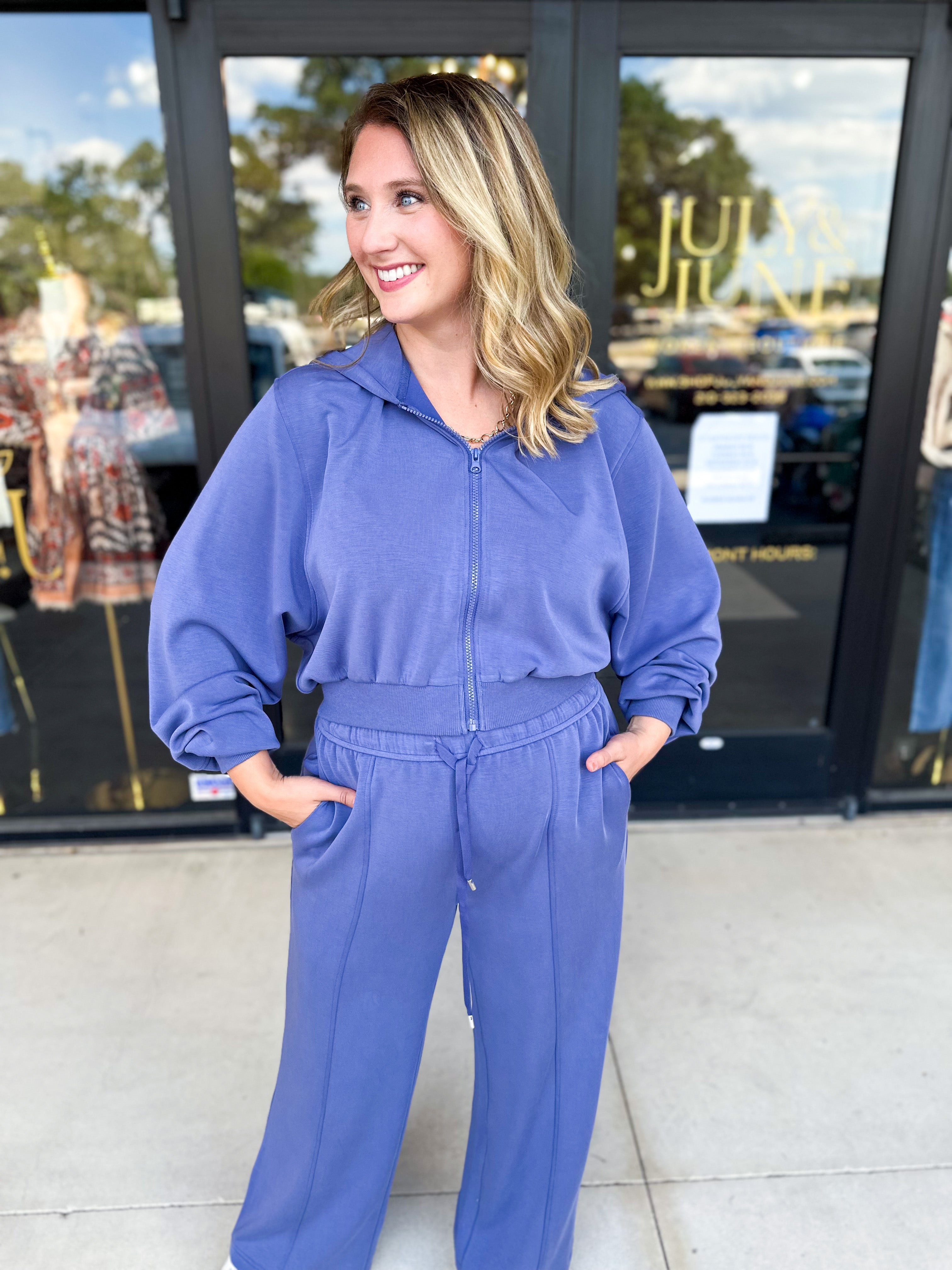 Soft Modal Hooded Jacket - Denim Blue-300 Athleisure/Lounge-SKIES ARE BLUE-July & June Women's Fashion Boutique Located in San Antonio, Texas