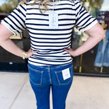 Striped Round Neck Tee - Navy-210 Casual Blouses-POLOGRAM-July & June Women's Fashion Boutique Located in San Antonio, Texas