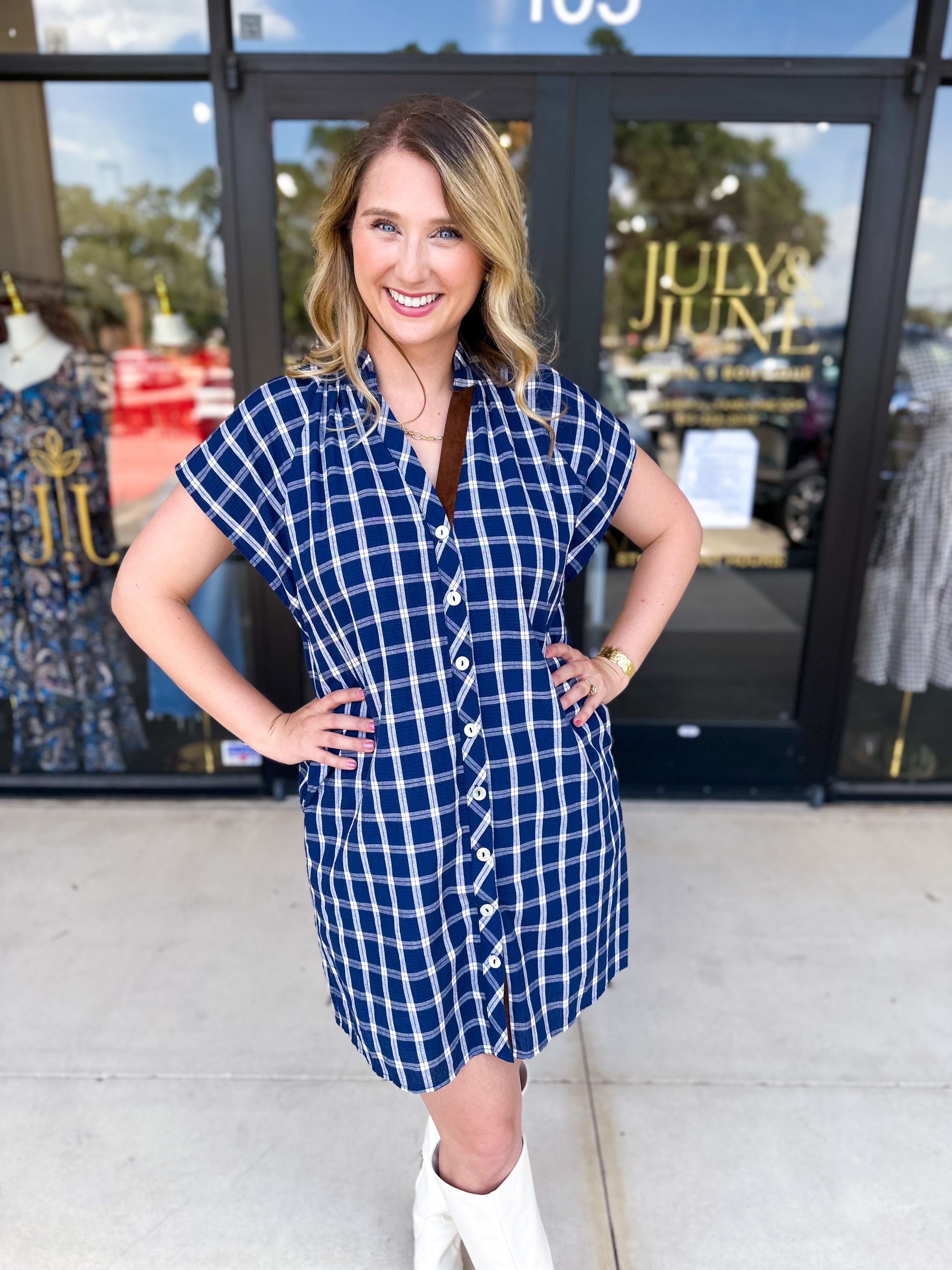 THML - Navy Plaid Mini Dress-510 Mini-THML-July & June Women's Fashion Boutique Located in San Antonio, Texas