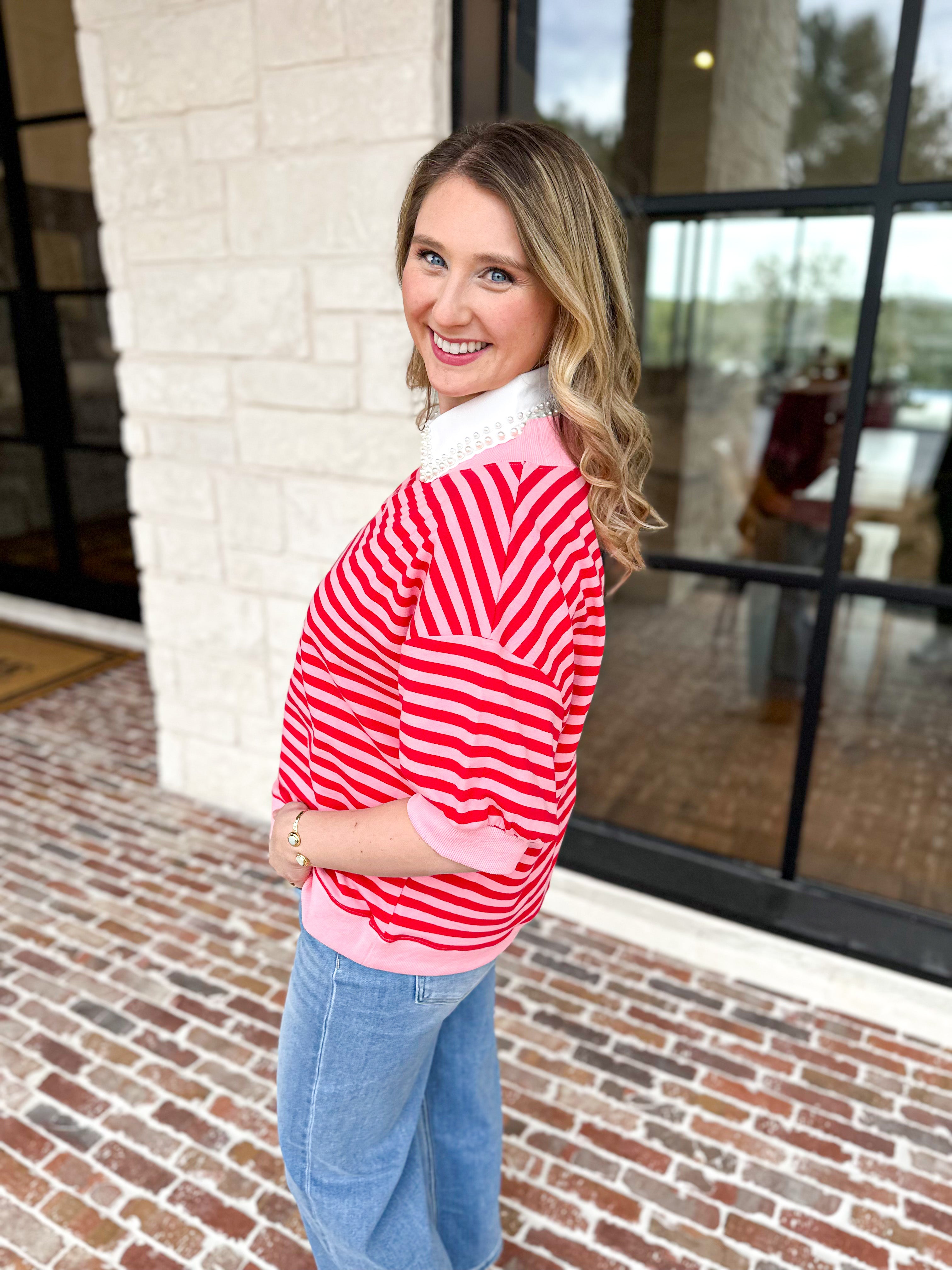 Red & Pink Casual Tee-210 Casual Blouses-DAY + MOON-July & June Women's Fashion Boutique Located in San Antonio, Texas