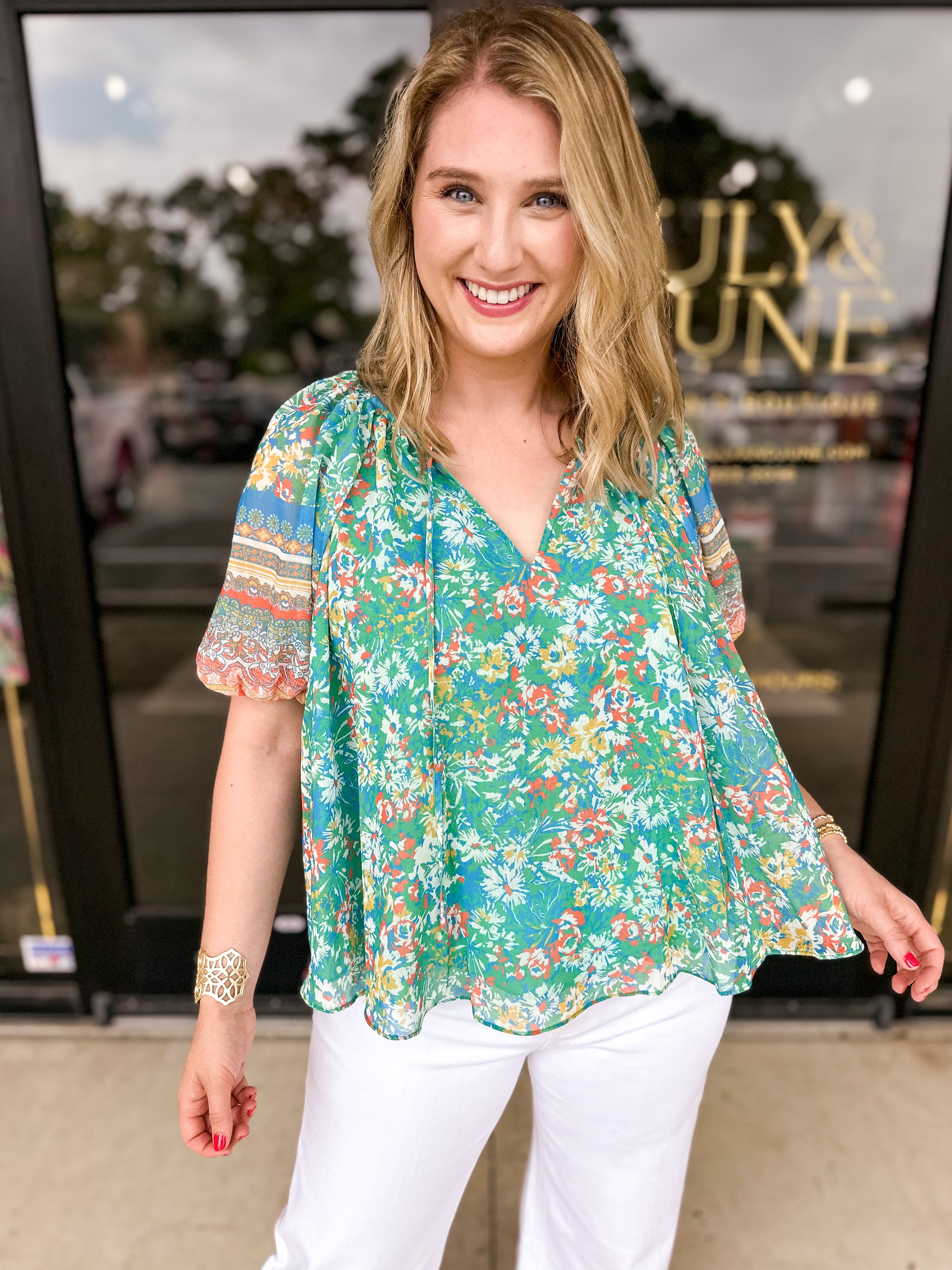 Current Air - Green Garden Floral Blouse-200 Fashion Blouses-CURRENT AIR CLOTHING-July & June Women's Fashion Boutique Located in San Antonio, Texas
