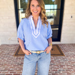 Seersucker Sweet Blouse - Light Blue-200 Fashion Blouses-ENTRO-July & June Women's Fashion Boutique Located in San Antonio, Texas