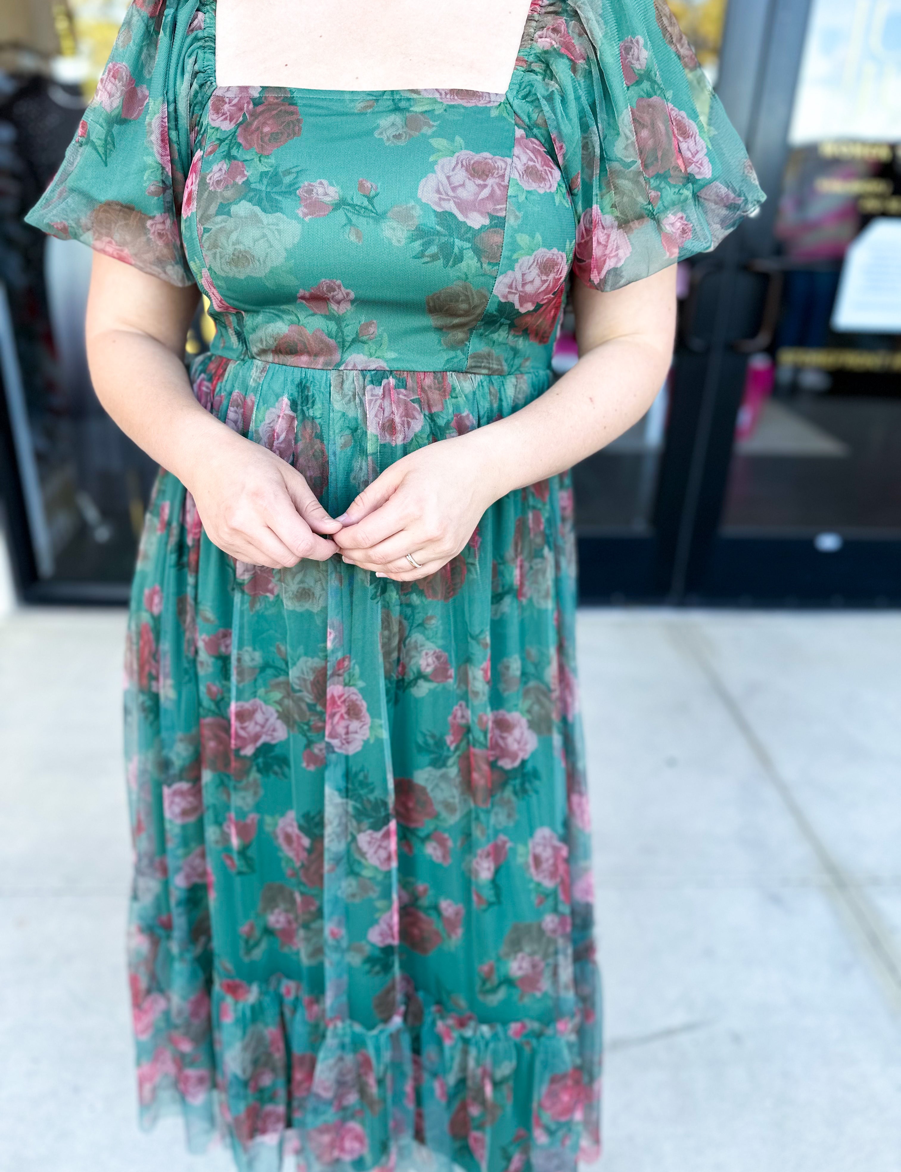 Hunter Green Garden Midi Dress-500 Midi-POLOGRAM-July & June Women's Fashion Boutique Located in San Antonio, Texas