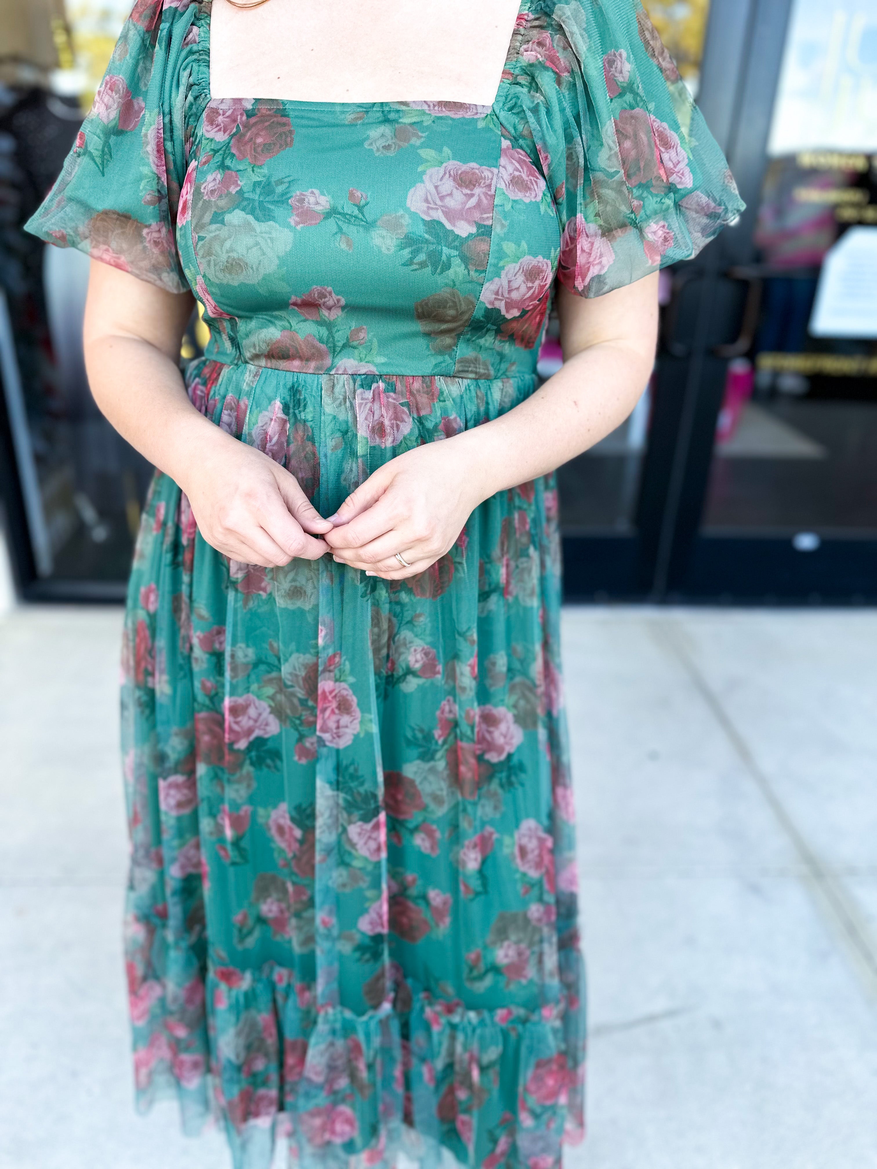 Hunter Green Garden Midi Dress-500 Midi-POLOGRAM-July & June Women's Fashion Boutique Located in San Antonio, Texas