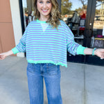 Seafoam Striped Long Sleeve Top-210 Casual Blouses-VEVERET CLOTHING-July & June Women's Fashion Boutique Located in San Antonio, Texas