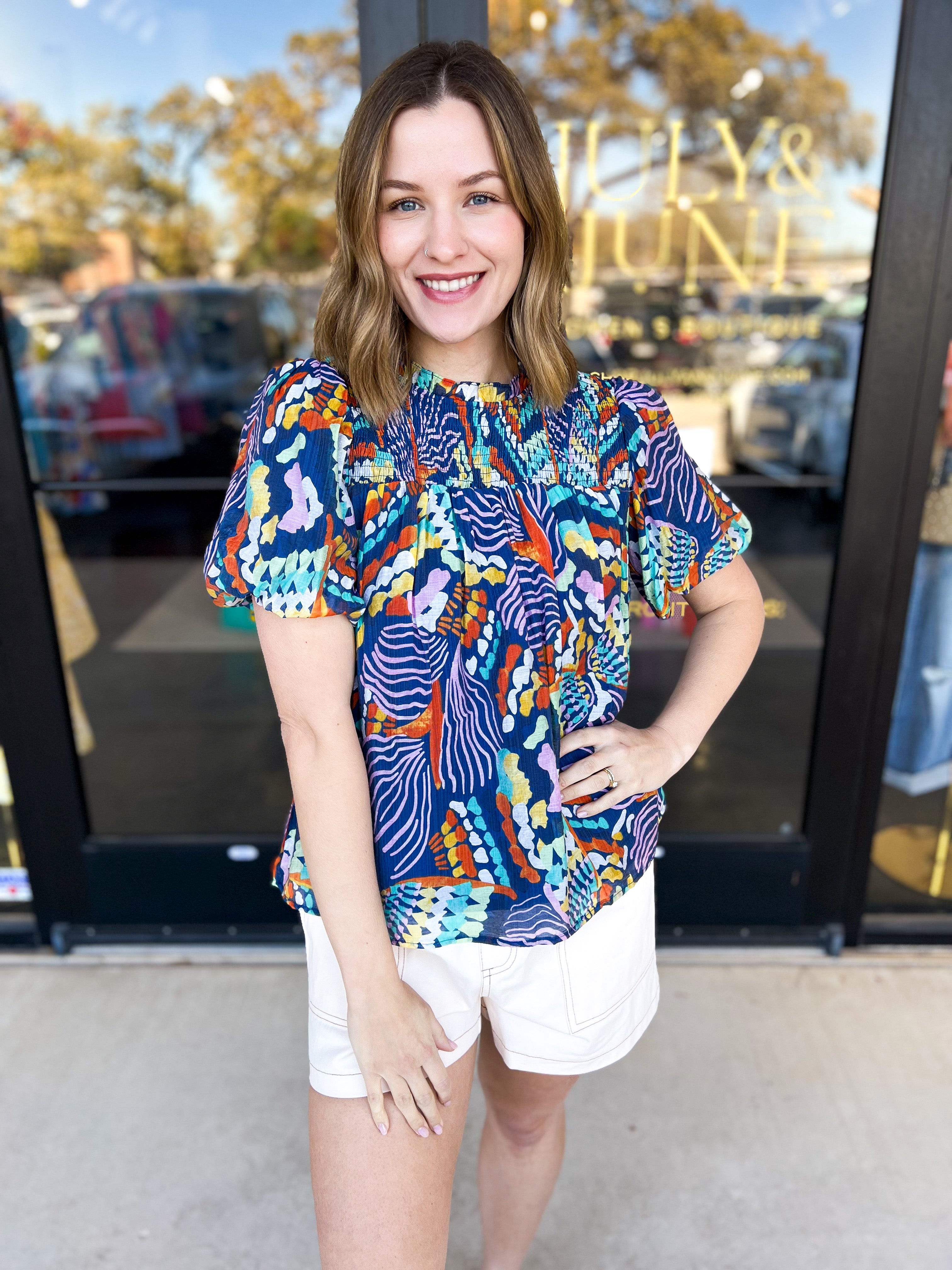 Tropical Abstract Blouse-200 Fashion Blouses-TCEC-July & June Women's Fashion Boutique Located in San Antonio, Texas