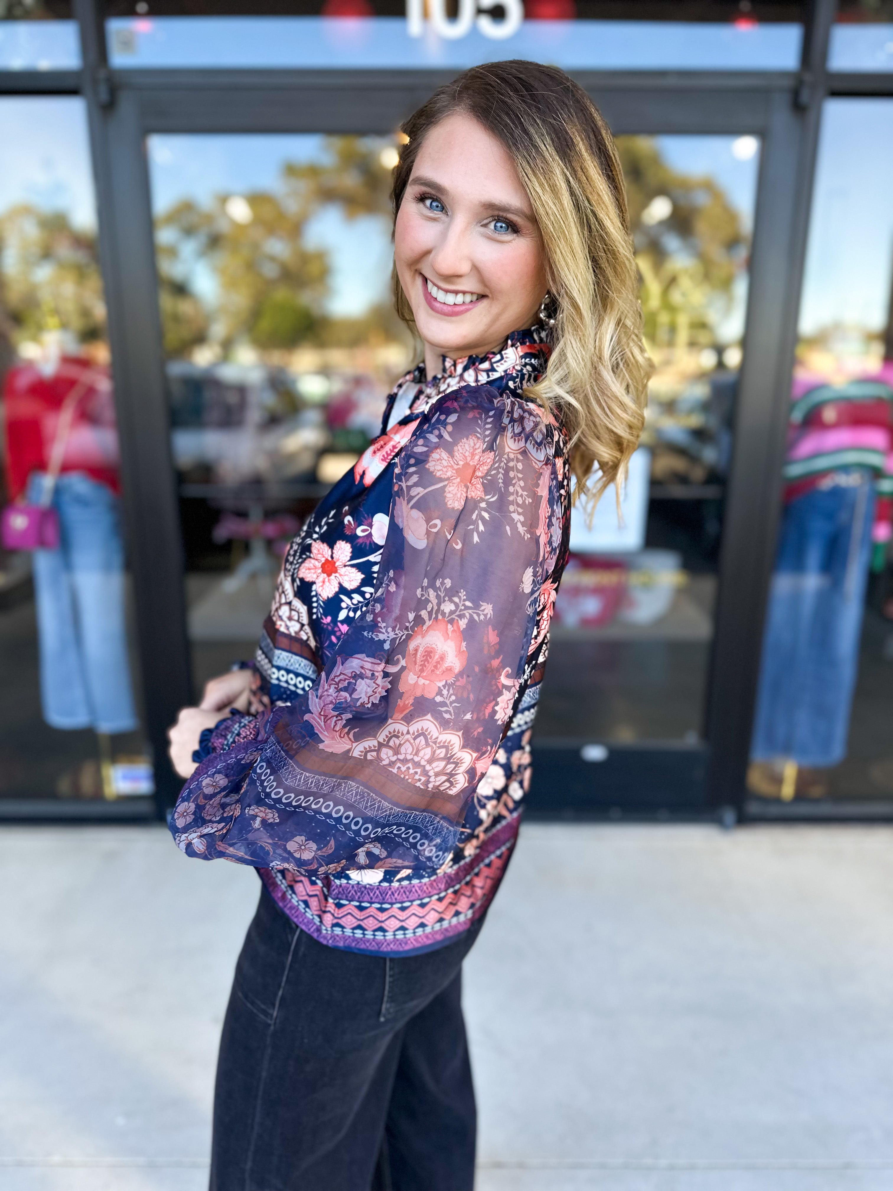 Deep Blue Floral Blouse-200 Fashion Blouses-FATE-July & June Women's Fashion Boutique Located in San Antonio, Texas