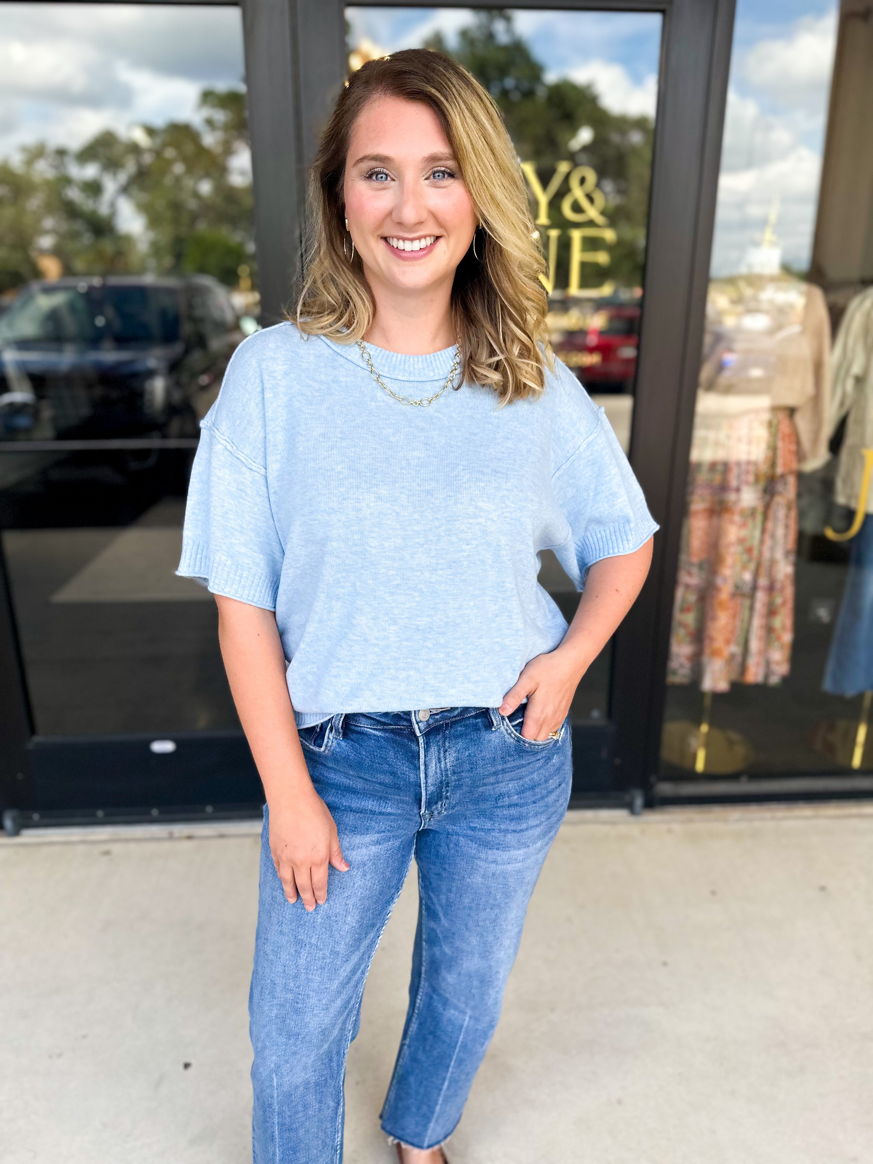 The Ella Knit Sweater Top - Powder Blue-230 Sweaters/Cardis-JODIFL-July & June Women's Fashion Boutique Located in San Antonio, Texas