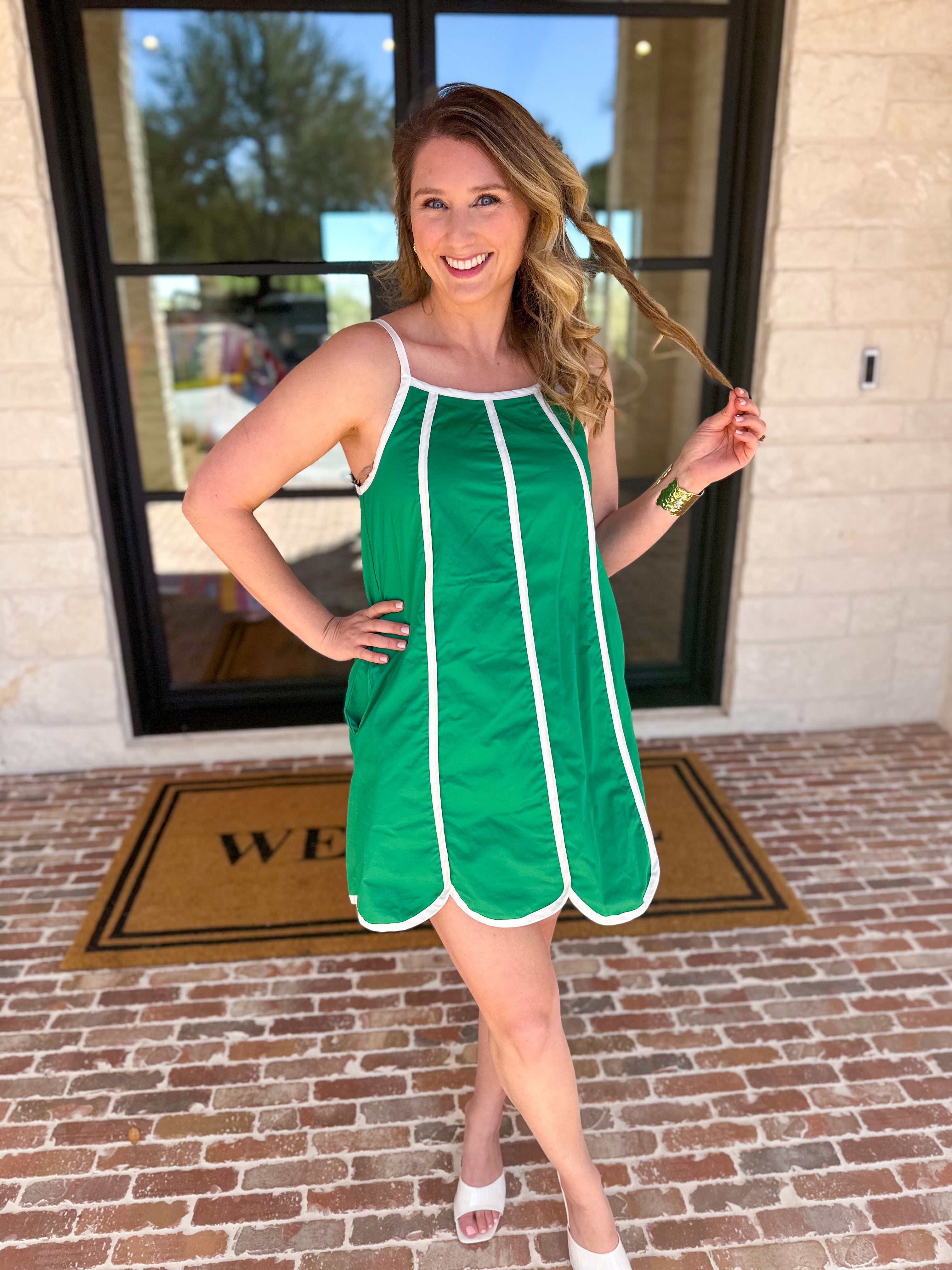 Kelly Green Scalloped Mini Dress-510 Mini-TCEC-July & June Women's Fashion Boutique Located in San Antonio, Texas