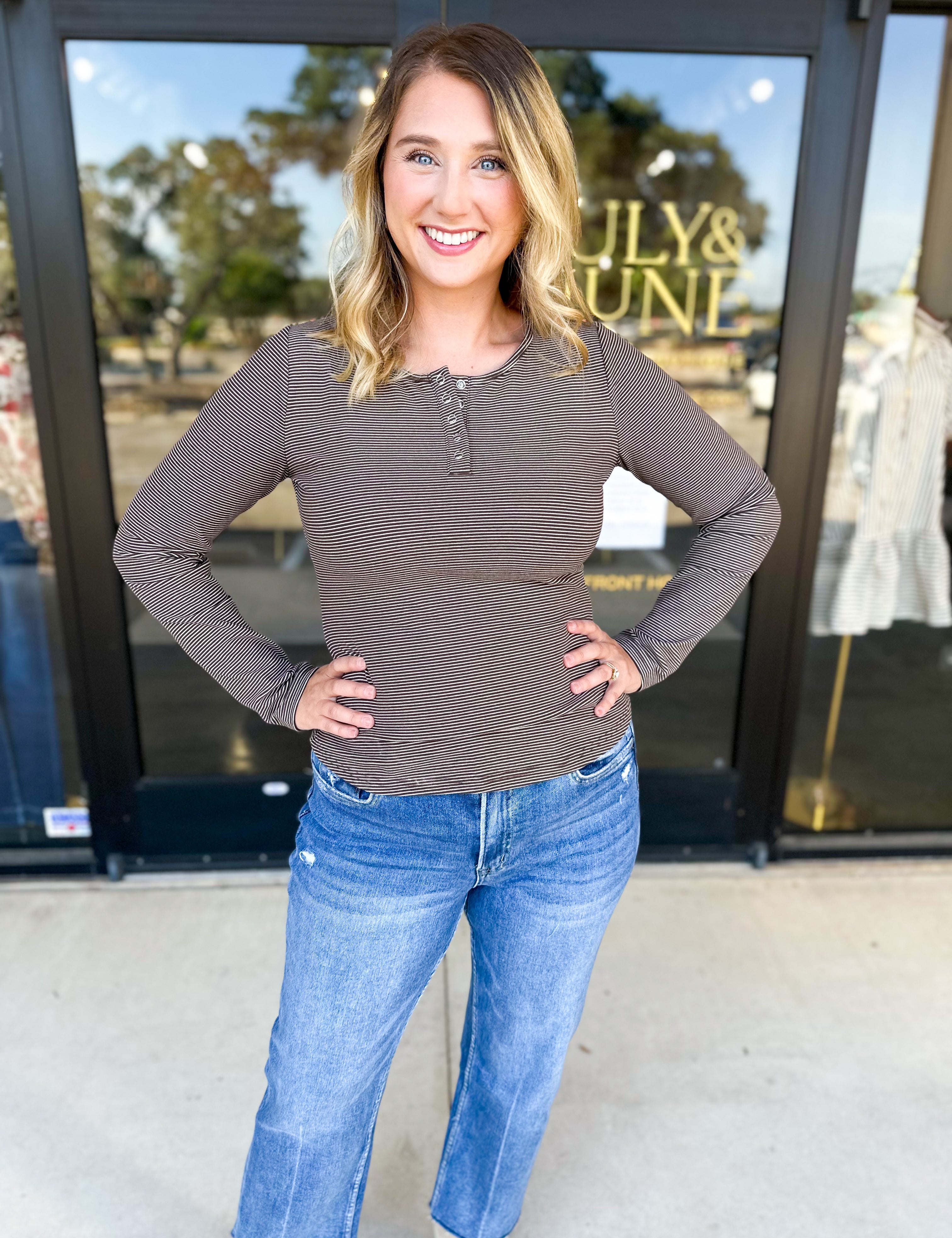 Henley Long Sleeve Basic Top - Brown-210 Casual Blouses-POLOGRAM-July & June Women's Fashion Boutique Located in San Antonio, Texas