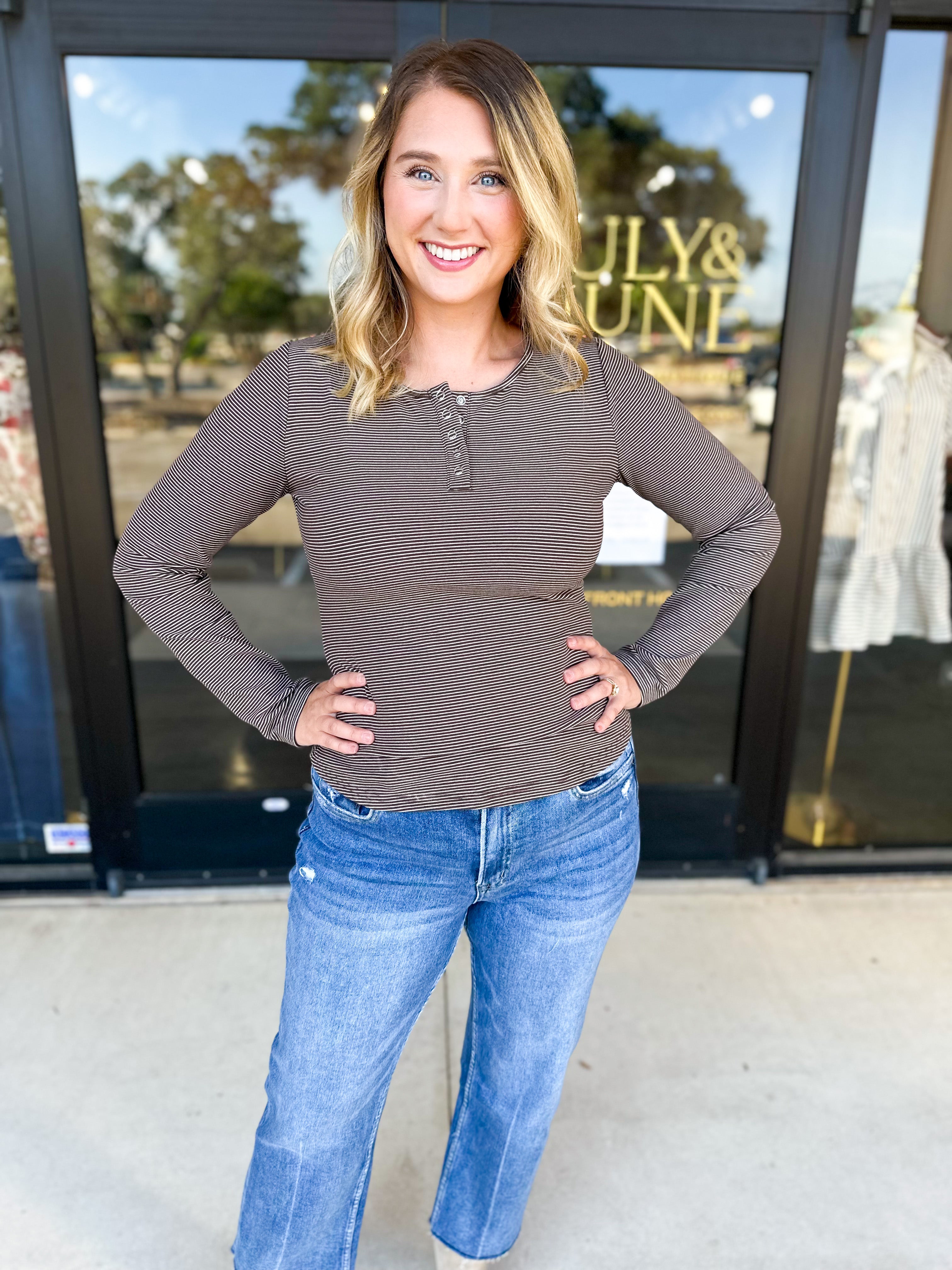Henley Long Sleeve Basic Top - Brown-210 Casual Blouses-POLOGRAM-July & June Women's Fashion Boutique Located in San Antonio, Texas