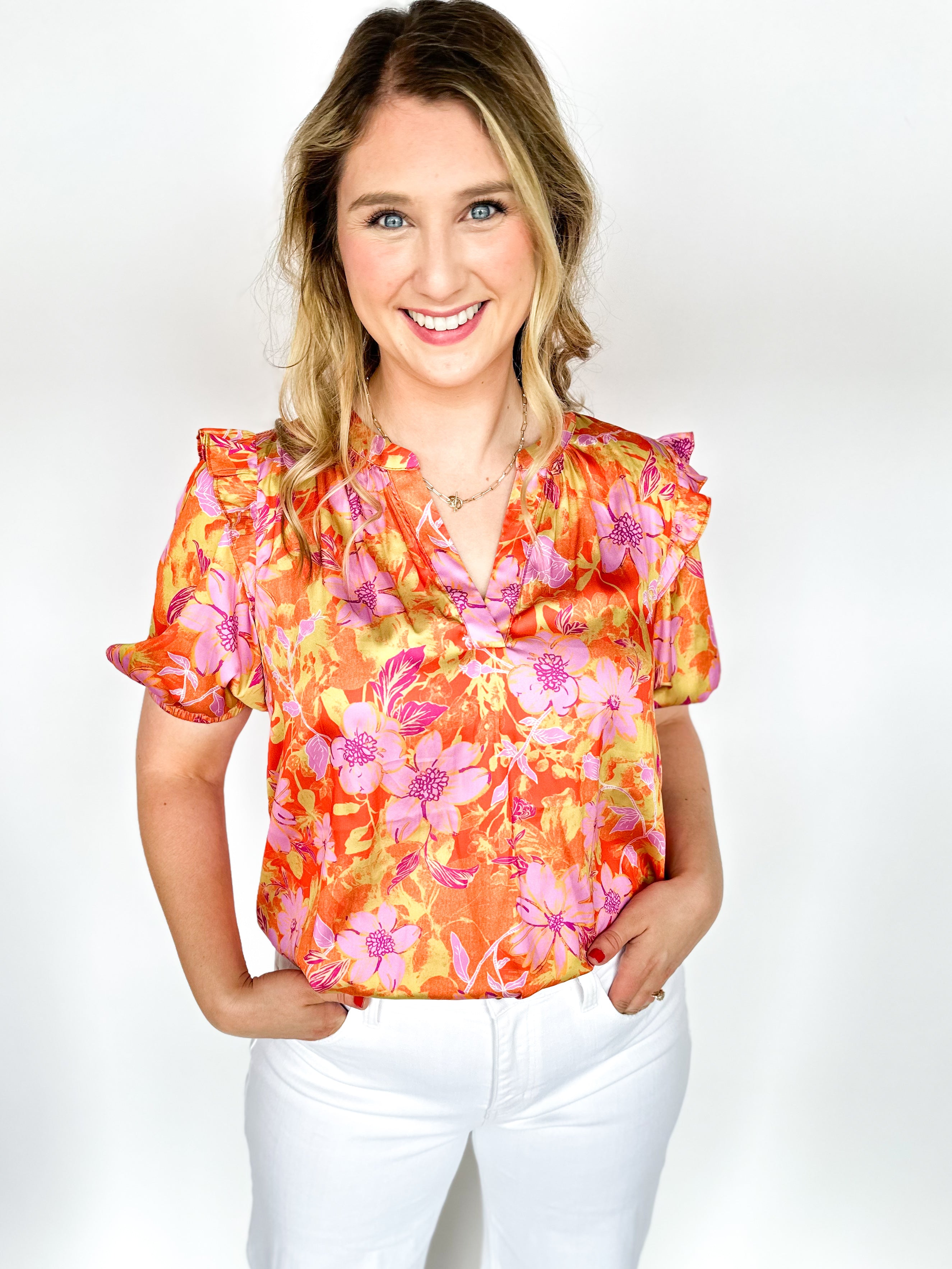 Bold Orange Floral Blouse-200 Fashion Blouses-CURRENT AIR CLOTHING-July & June Women's Fashion Boutique Located in San Antonio, Texas