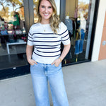 Short Sleeve Stripped Sweater Top - Ivory & Navy-230 Sweaters/Cardis-ALLIE ROSE-July & June Women's Fashion Boutique Located in San Antonio, Texas
