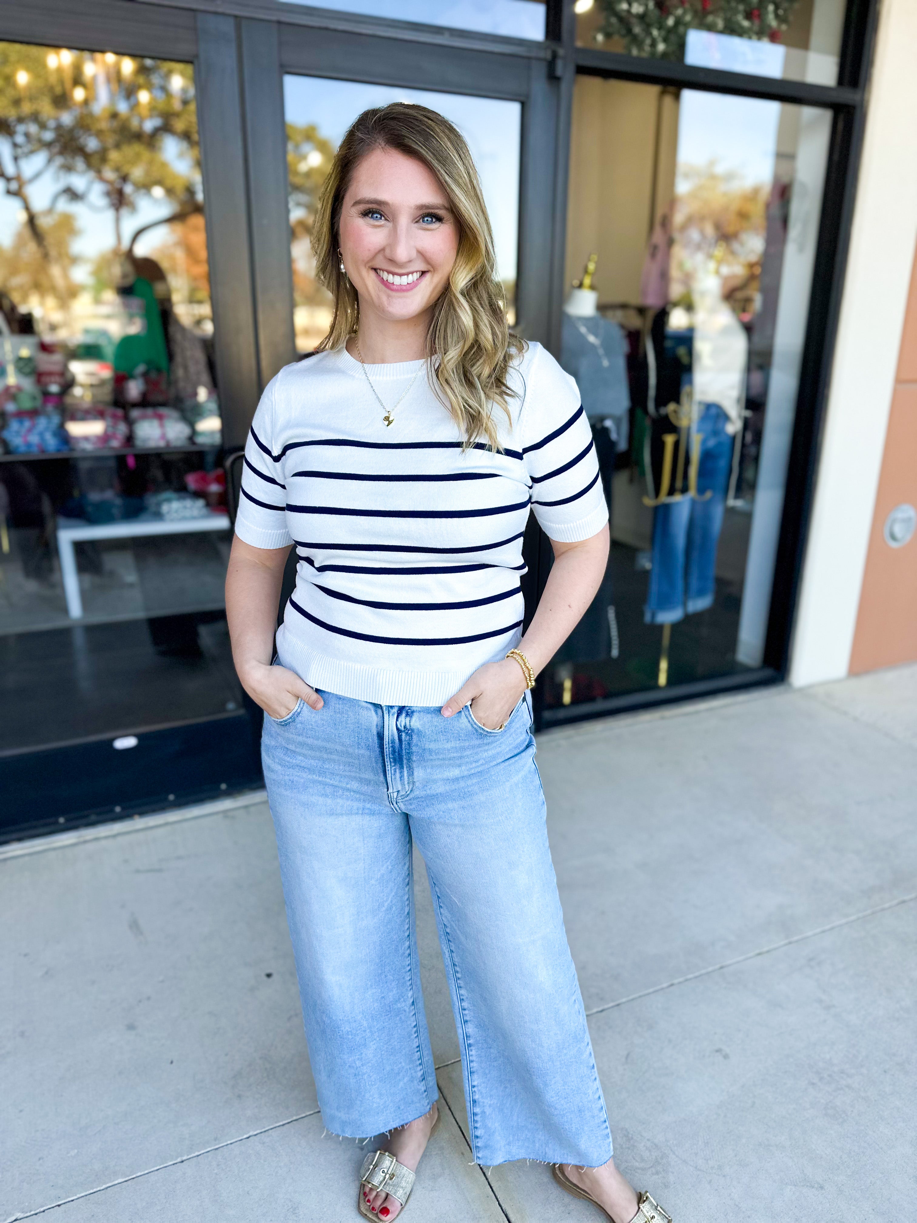 Short Sleeve Stripped Sweater Top - Ivory & Navy-230 Sweaters/Cardis-ALLIE ROSE-July & June Women's Fashion Boutique Located in San Antonio, Texas