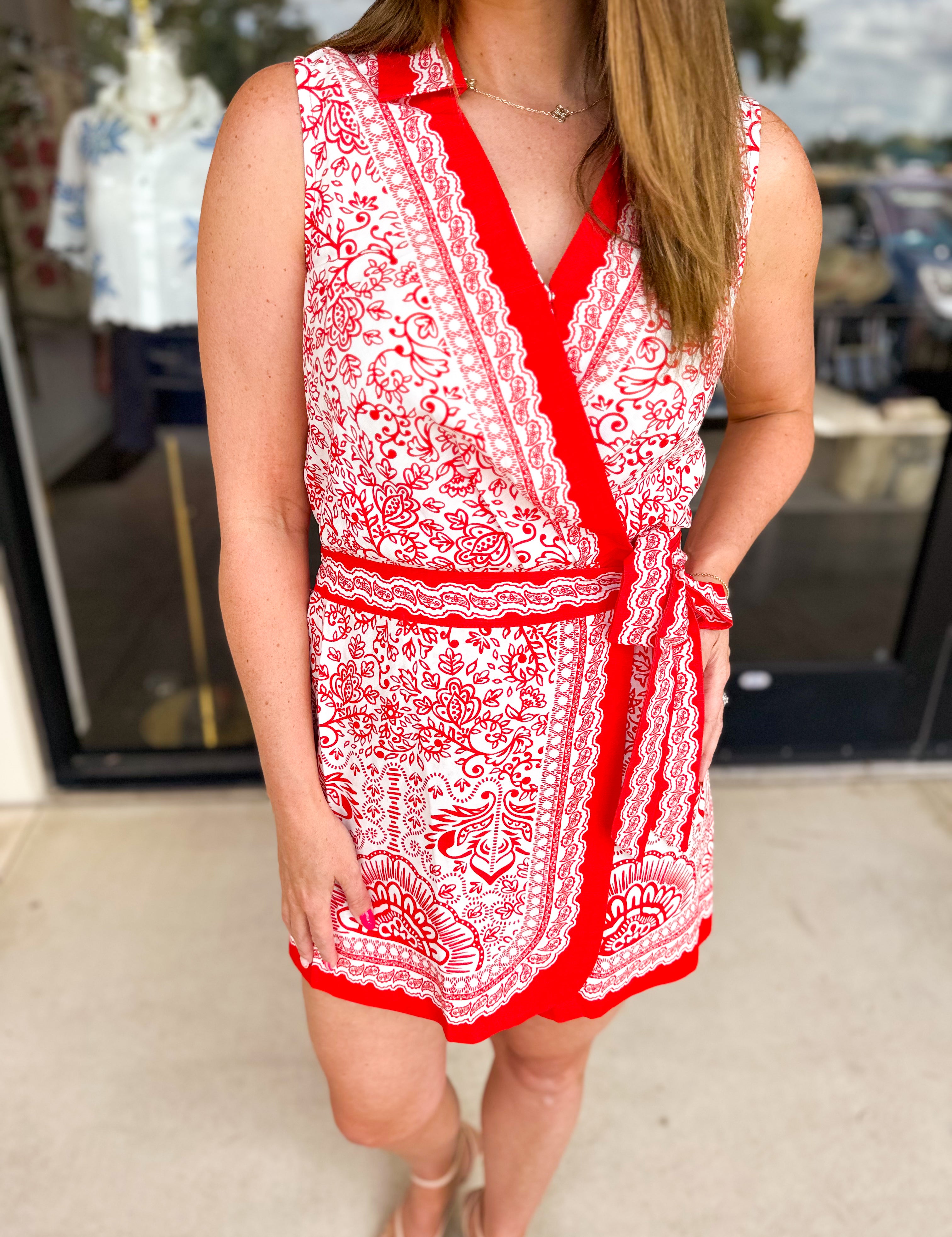 Red Paisley Wrap Romper-510 Mini-SKIES ARE BLUE-July & June Women's Fashion Boutique Located in San Antonio, Texas