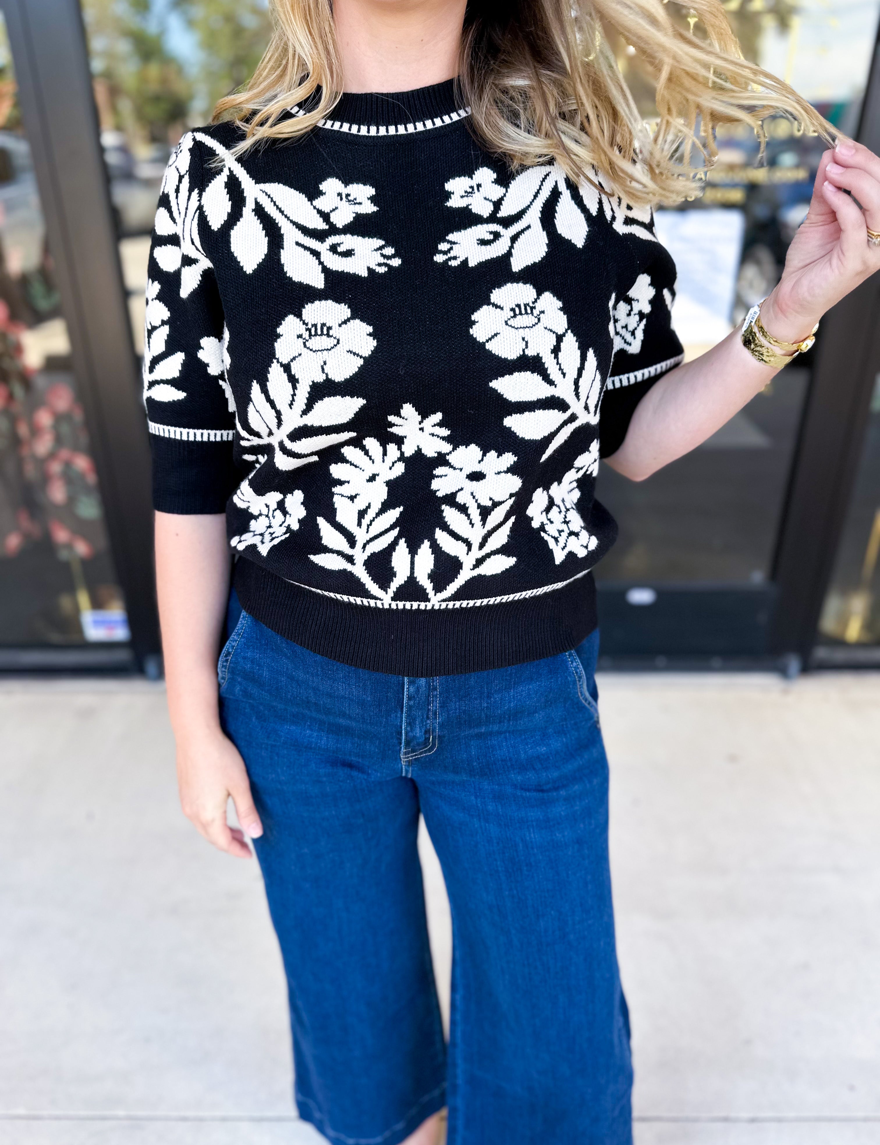 THML - Black & Ivory Floral Sweater Top-230 Sweaters/Cardis-THML-July & June Women's Fashion Boutique Located in San Antonio, Texas