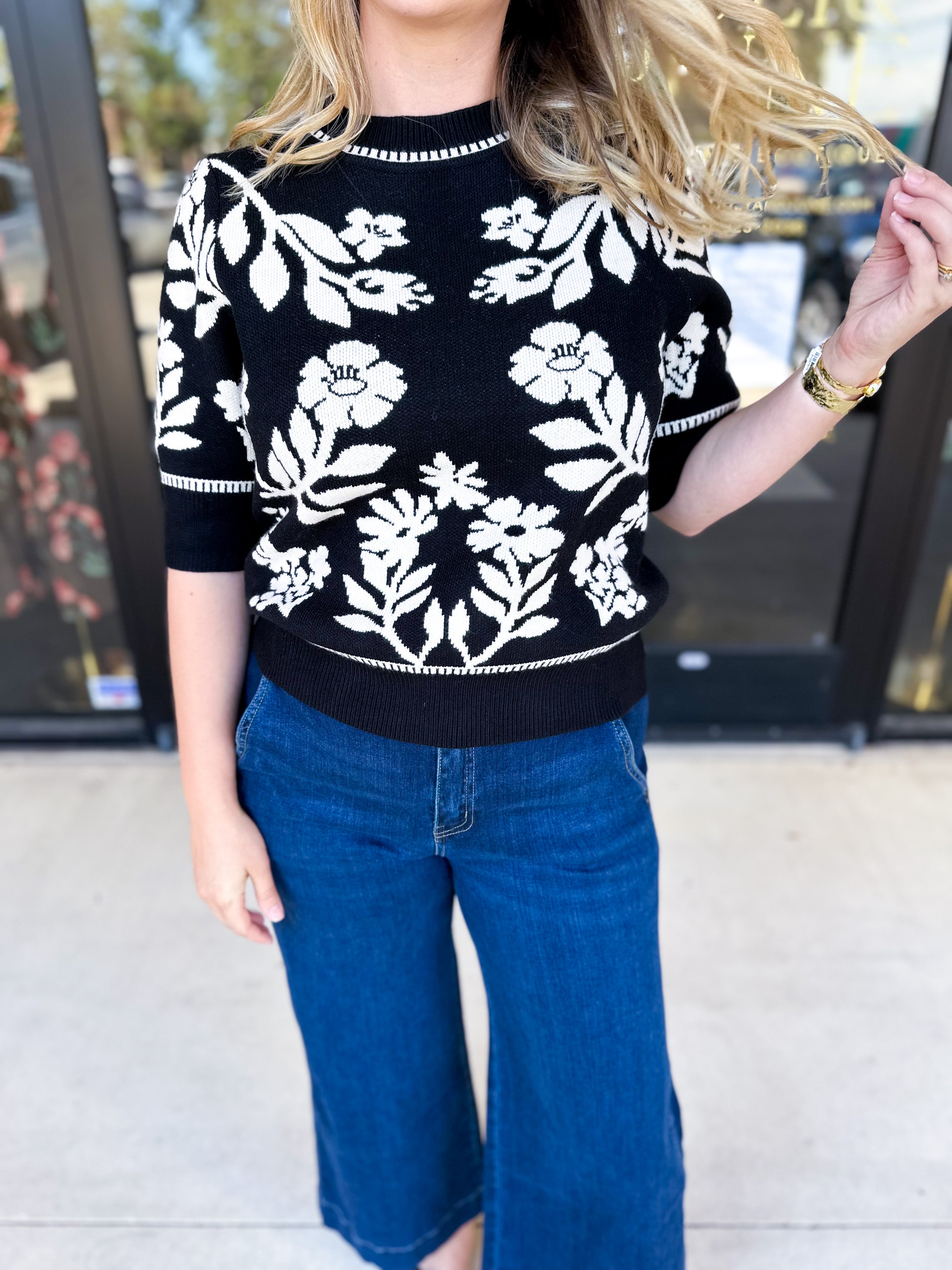 THML - Black & Ivory Floral Sweater Top-230 Sweaters/Cardis-THML-July & June Women's Fashion Boutique Located in San Antonio, Texas