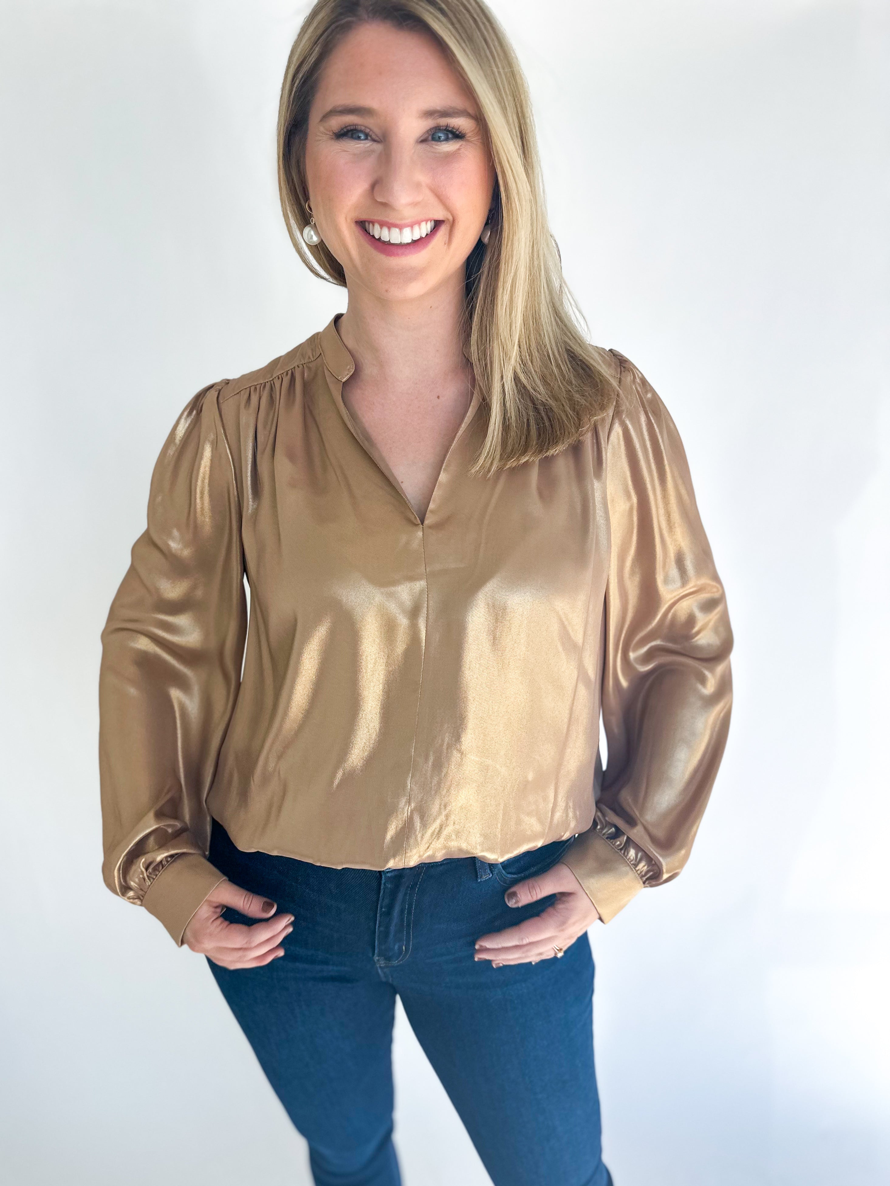New Beginnings Bubble Hem Blouse - Gold-200 Fashion Blouses-CURRENT AIR CLOTHING-July & June Women's Fashion Boutique Located in San Antonio, Texas