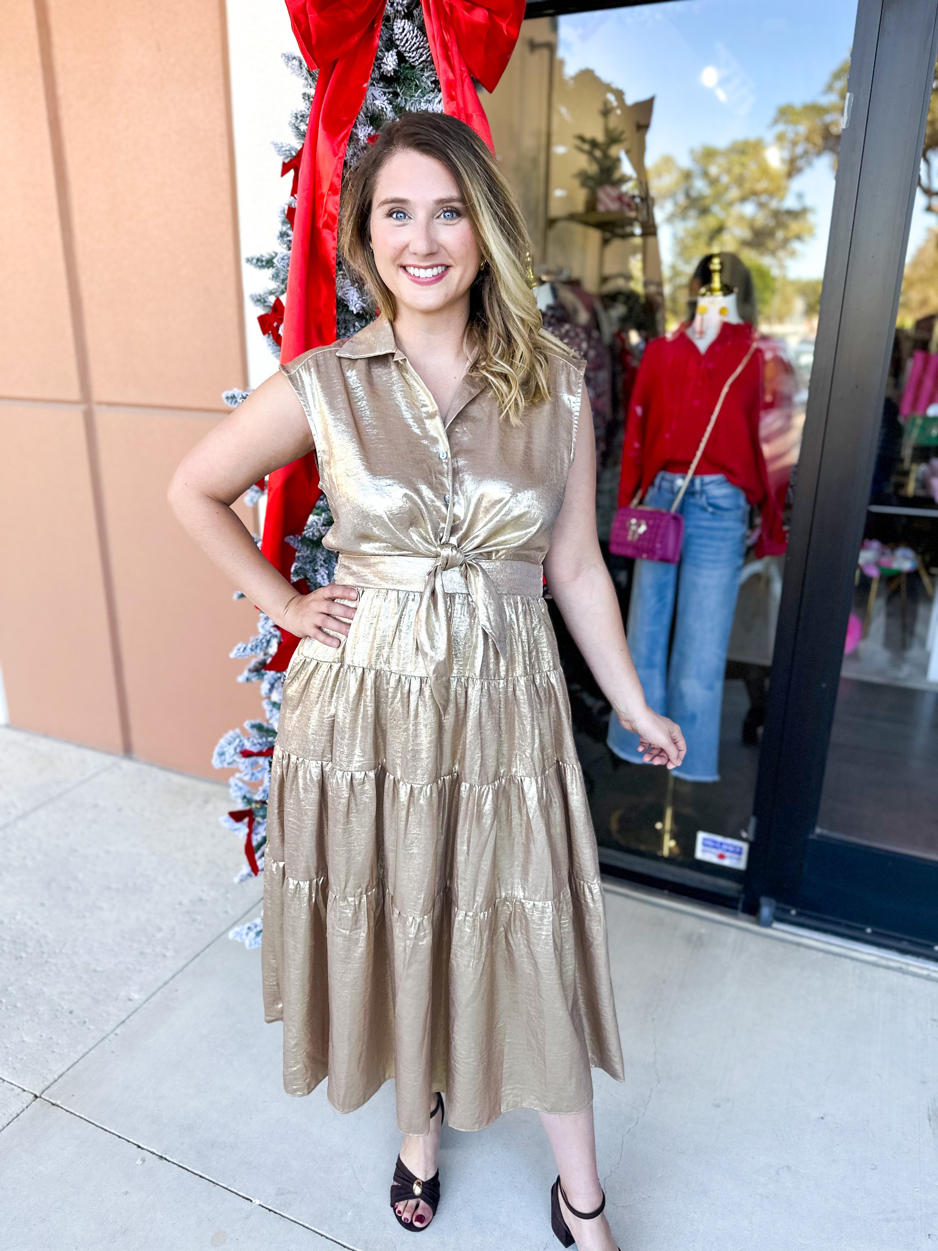 Champagne Collard Midi Dress-500 Midi-ENTRO-July & June Women's Fashion Boutique Located in San Antonio, Texas