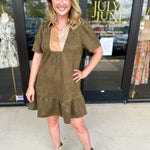 THML - Olive & Tan Suede Mini Dress-510 Mini-THML-July & June Women's Fashion Boutique Located in San Antonio, Texas