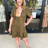THML - Olive & Tan Suede Mini Dress-510 Mini-THML-July & June Women's Fashion Boutique Located in San Antonio, Texas