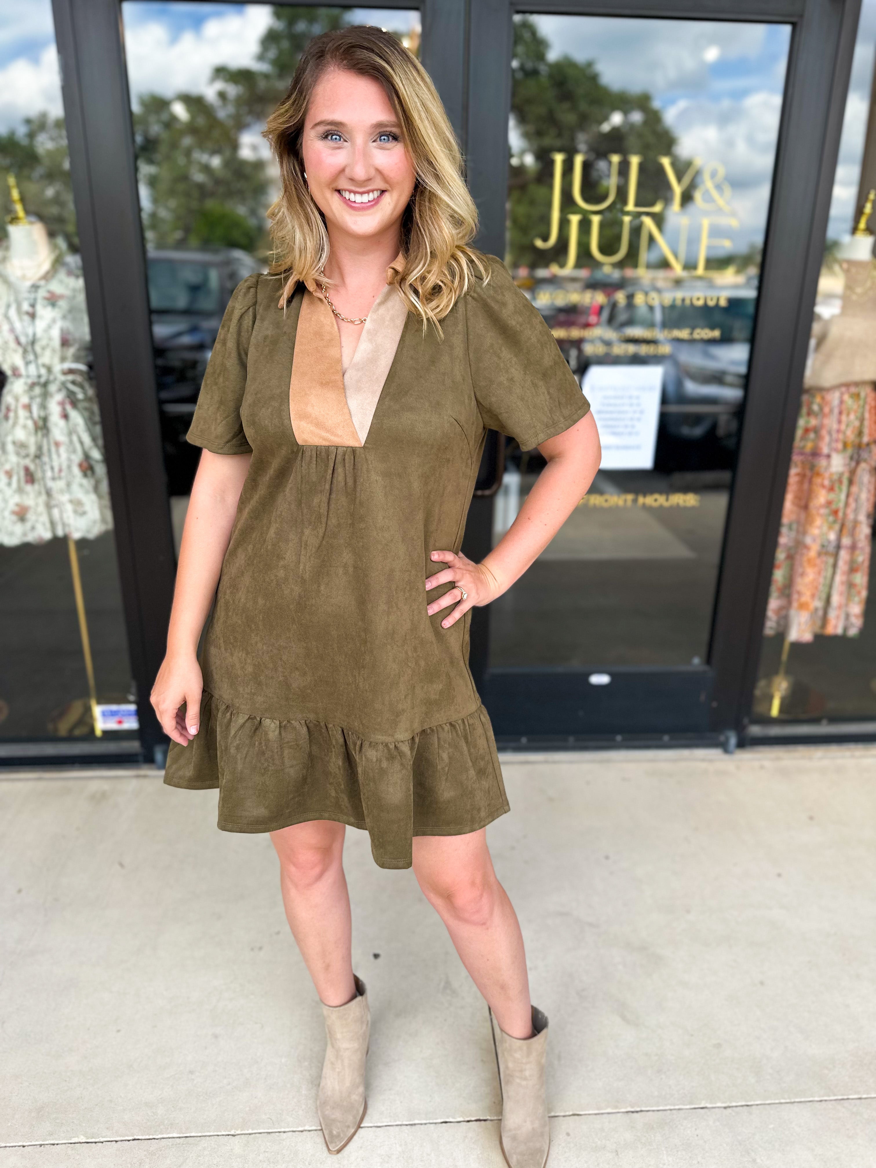 THML - Olive & Tan Suede Mini Dress-510 Mini-THML-July & June Women's Fashion Boutique Located in San Antonio, Texas