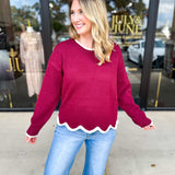 Scalloped Edges Sweater - Burgundy-230 Sweaters/Cardis-ENTRO-July & June Women's Fashion Boutique Located in San Antonio, Texas