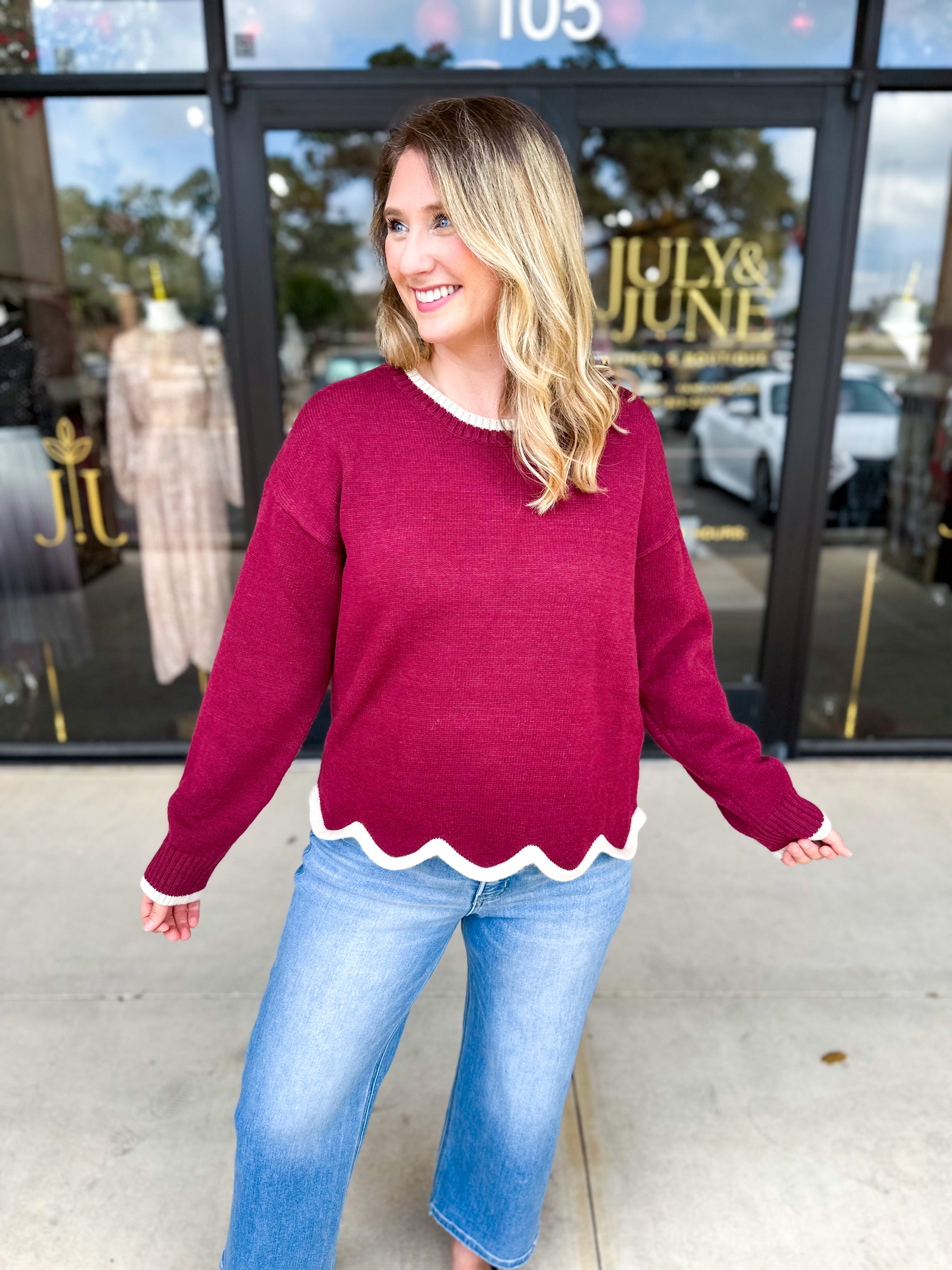 Scalloped Edges Sweater - Burgundy-230 Sweaters/Cardis-ENTRO-July & June Women's Fashion Boutique Located in San Antonio, Texas