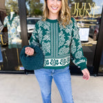 Pine Green Floral Sweater-230 Sweaters/Cardis-ENTRO-July & June Women's Fashion Boutique Located in San Antonio, Texas