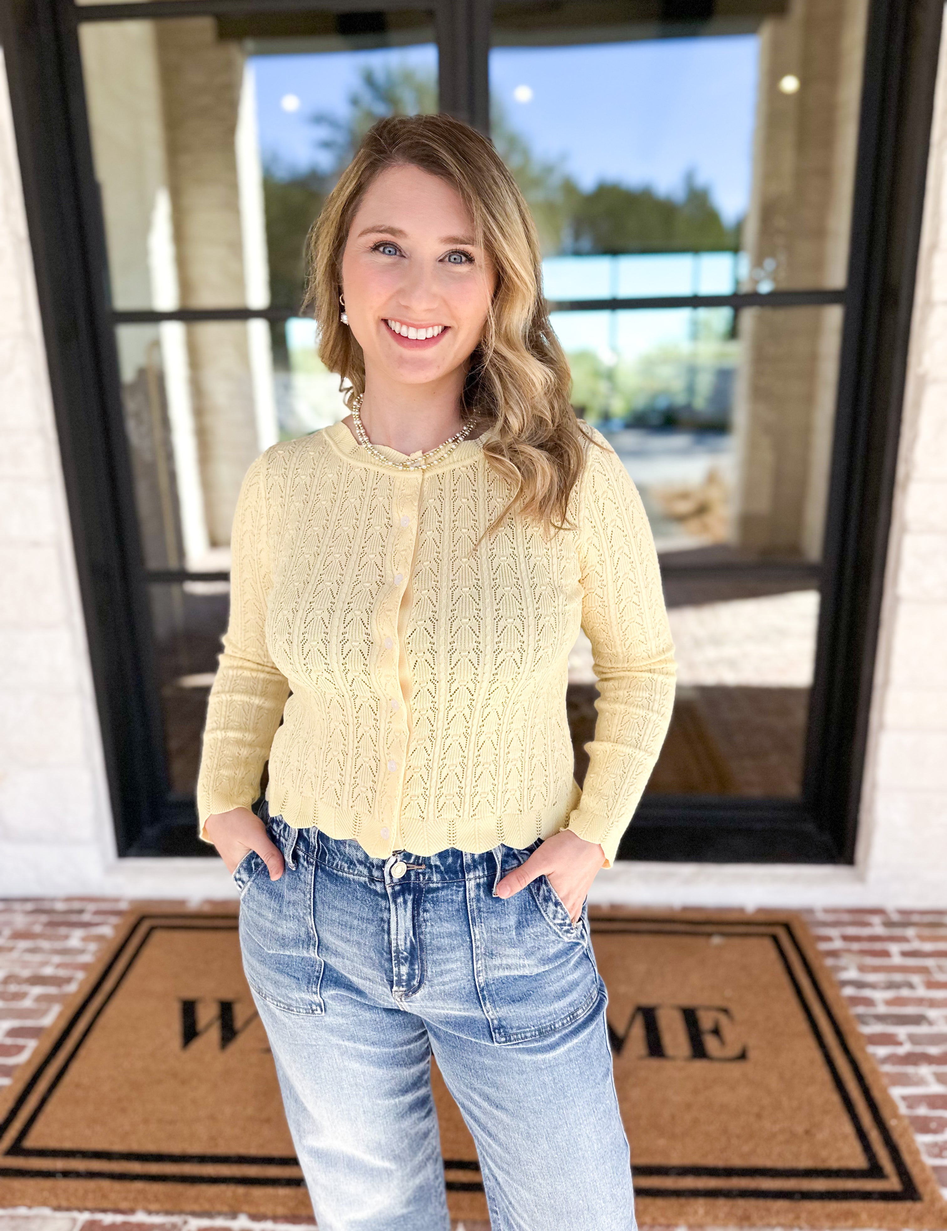 Pointelle Cardigan - Butter Yellow-230 Sweaters/Cardis-ALLIE ROSE-July & June Women's Fashion Boutique Located in San Antonio, Texas