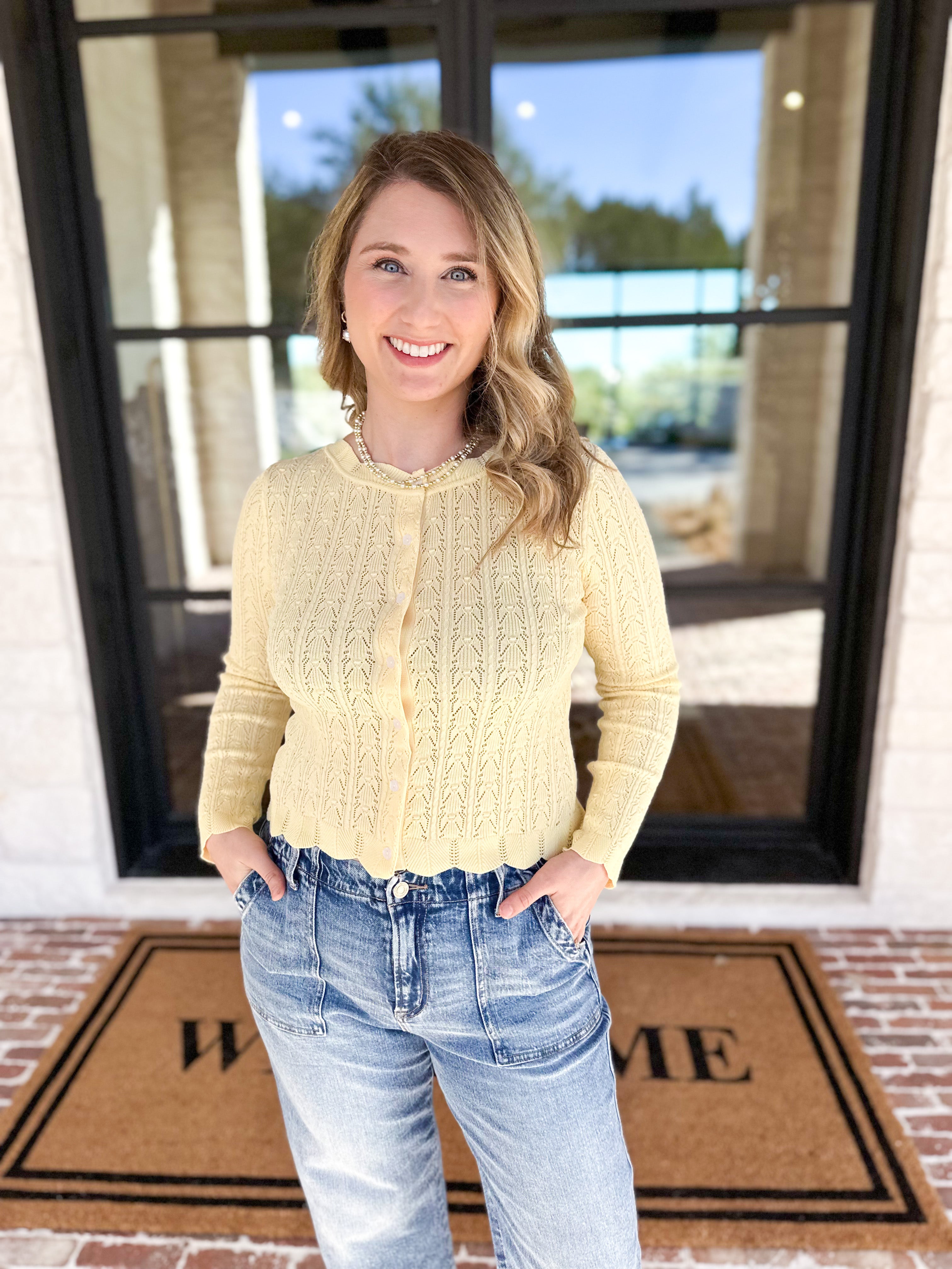 Pointelle Cardigan - Butter Yellow-230 Sweaters/Cardis-ALLIE ROSE-July & June Women's Fashion Boutique Located in San Antonio, Texas