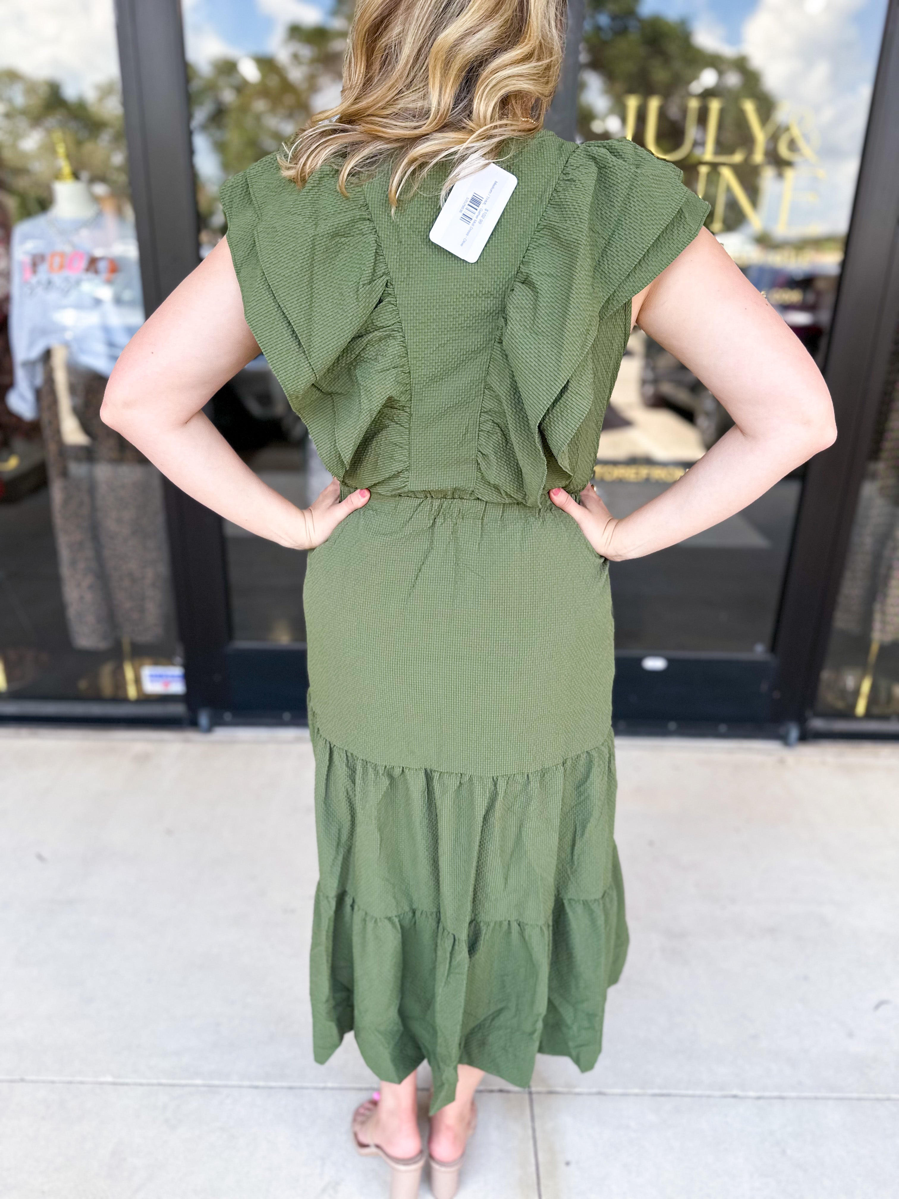 THML - Gather Midi Dress - Olive-500 Midi-THML-July & June Women's Fashion Boutique Located in San Antonio, Texas