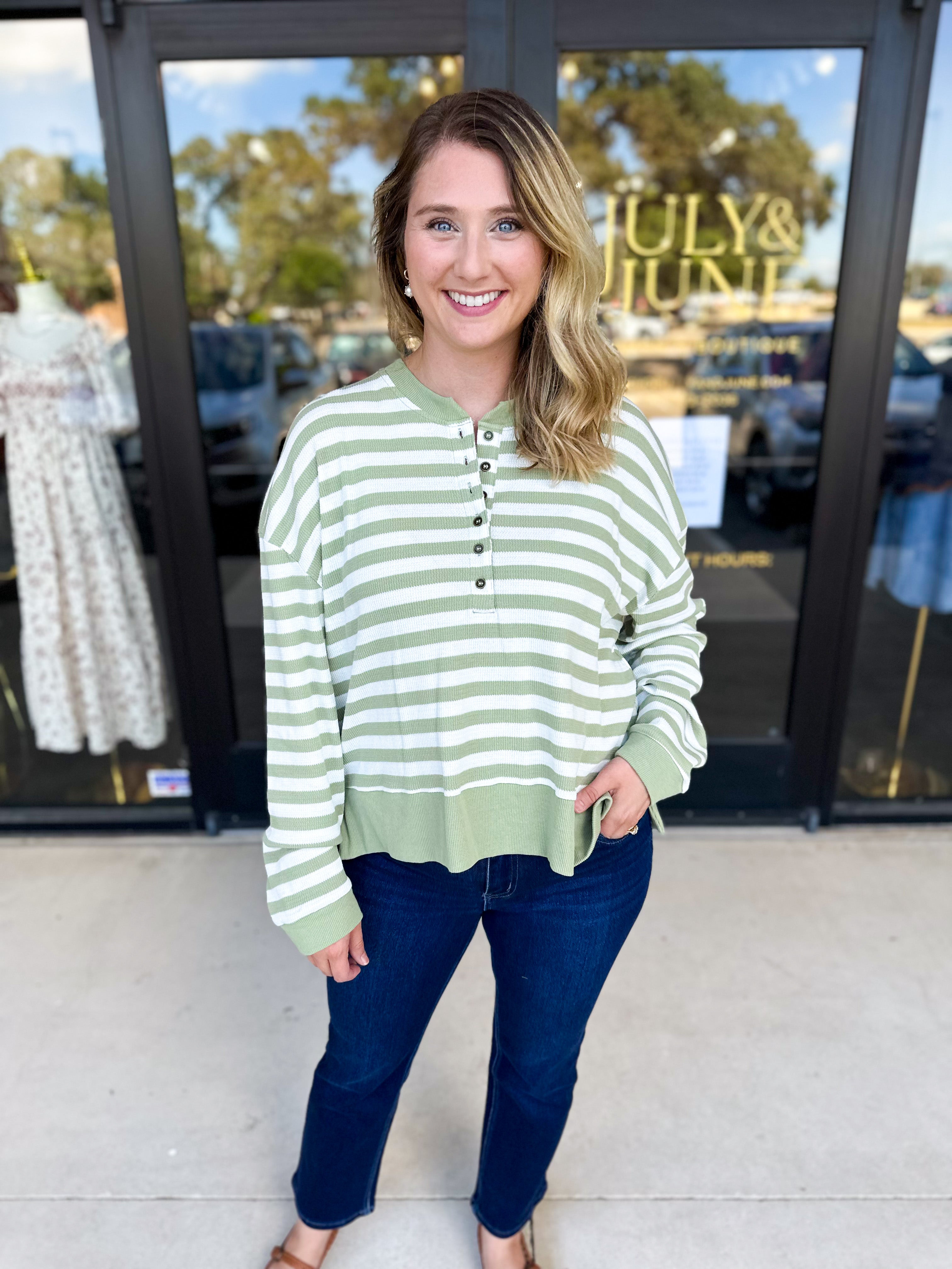 Casual Cool Henley Long Sleeve - Sage-210 Casual Blouses-POLOGRAM-July & June Women's Fashion Boutique Located in San Antonio, Texas