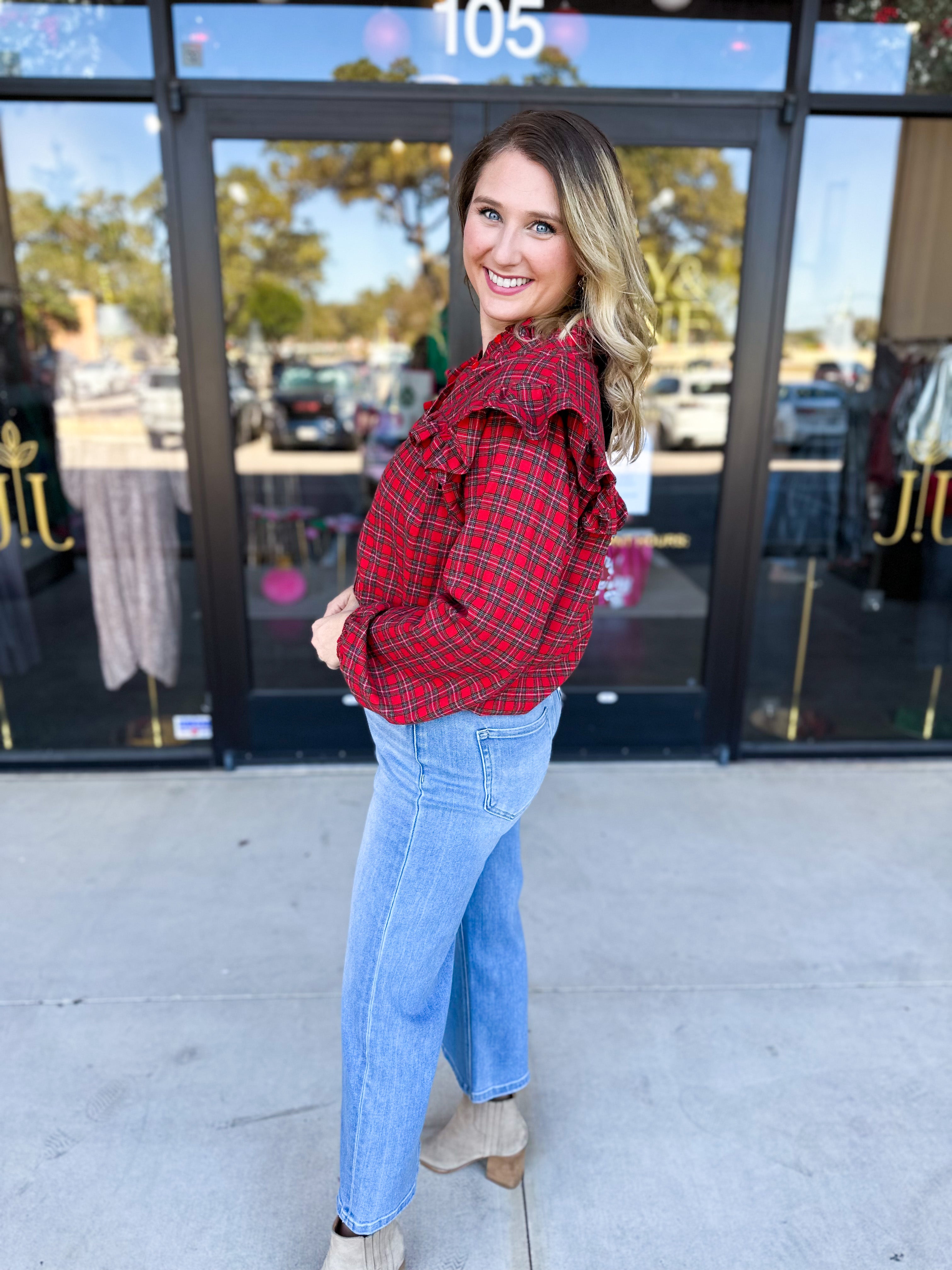 Tartan Ruffle Blouse-200 Fashion Blouses-FATE-July & June Women's Fashion Boutique Located in San Antonio, Texas