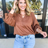 Everyday Comfy Long Sleeve - Chocolate-210 Casual Blouses-JODIFL-July & June Women's Fashion Boutique Located in San Antonio, Texas