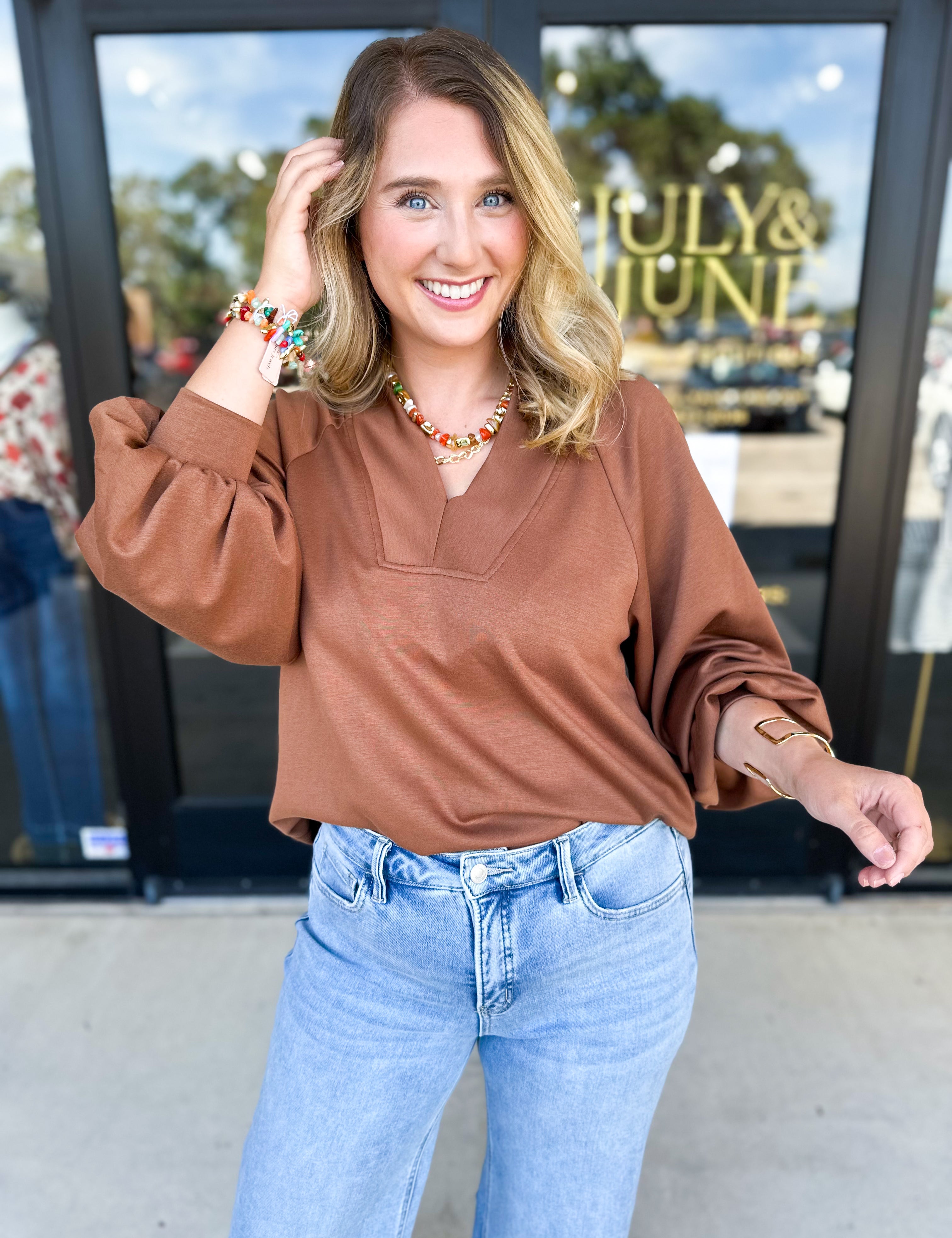Everyday Comfy Long Sleeve - Chocolate-210 Casual Blouses-JODIFL-July & June Women's Fashion Boutique Located in San Antonio, Texas