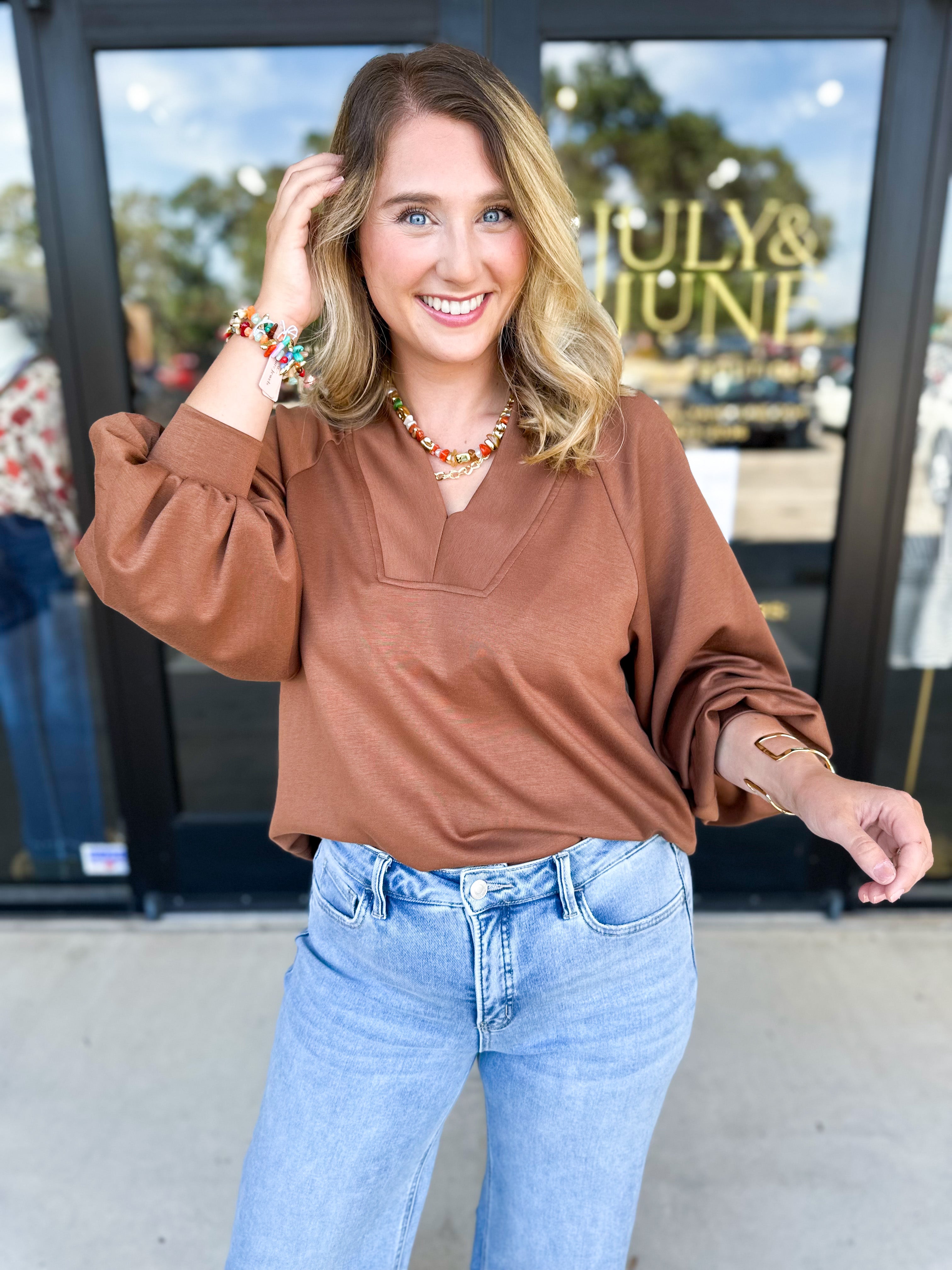 Everyday Comfy Long Sleeve - Chocolate-210 Casual Blouses-JODIFL-July & June Women's Fashion Boutique Located in San Antonio, Texas