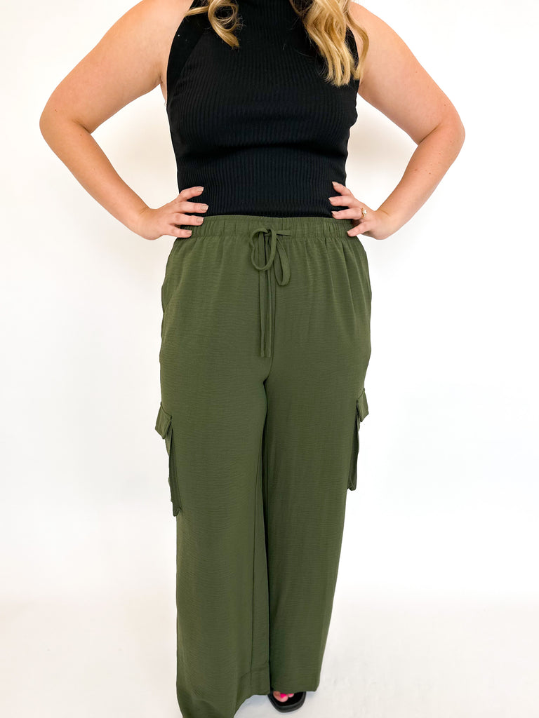 Drawstring Relaxed Cargo Pant- Olive-400 Pants-ENTRO-July & June Women's Fashion Boutique Located in San Antonio, Texas