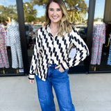 Retro Button Down Blouse-200 Fashion Blouses-SKIES ARE BLUE-July & June Women's Fashion Boutique Located in San Antonio, Texas