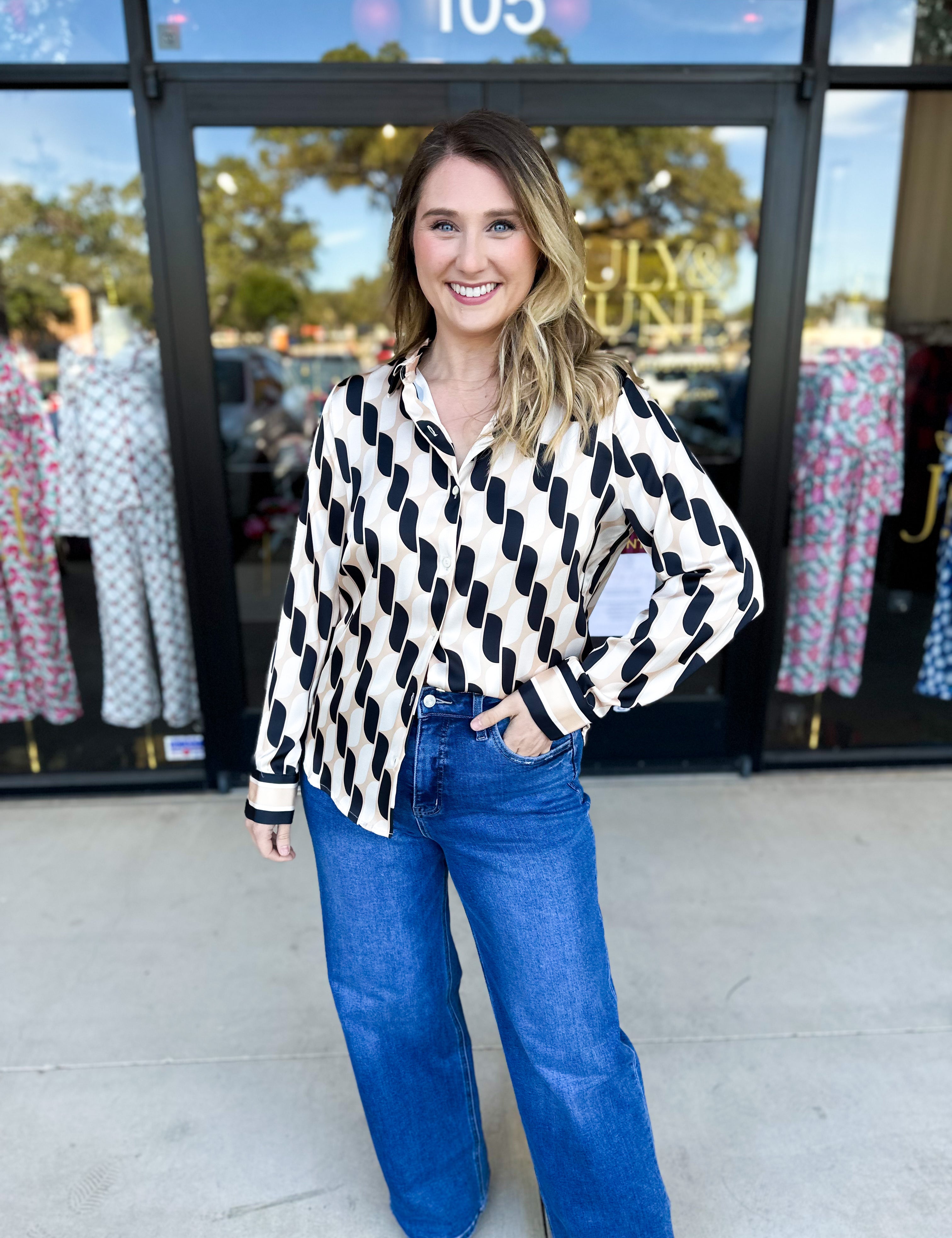 Retro Button Down Blouse-200 Fashion Blouses-SKIES ARE BLUE-July & June Women's Fashion Boutique Located in San Antonio, Texas