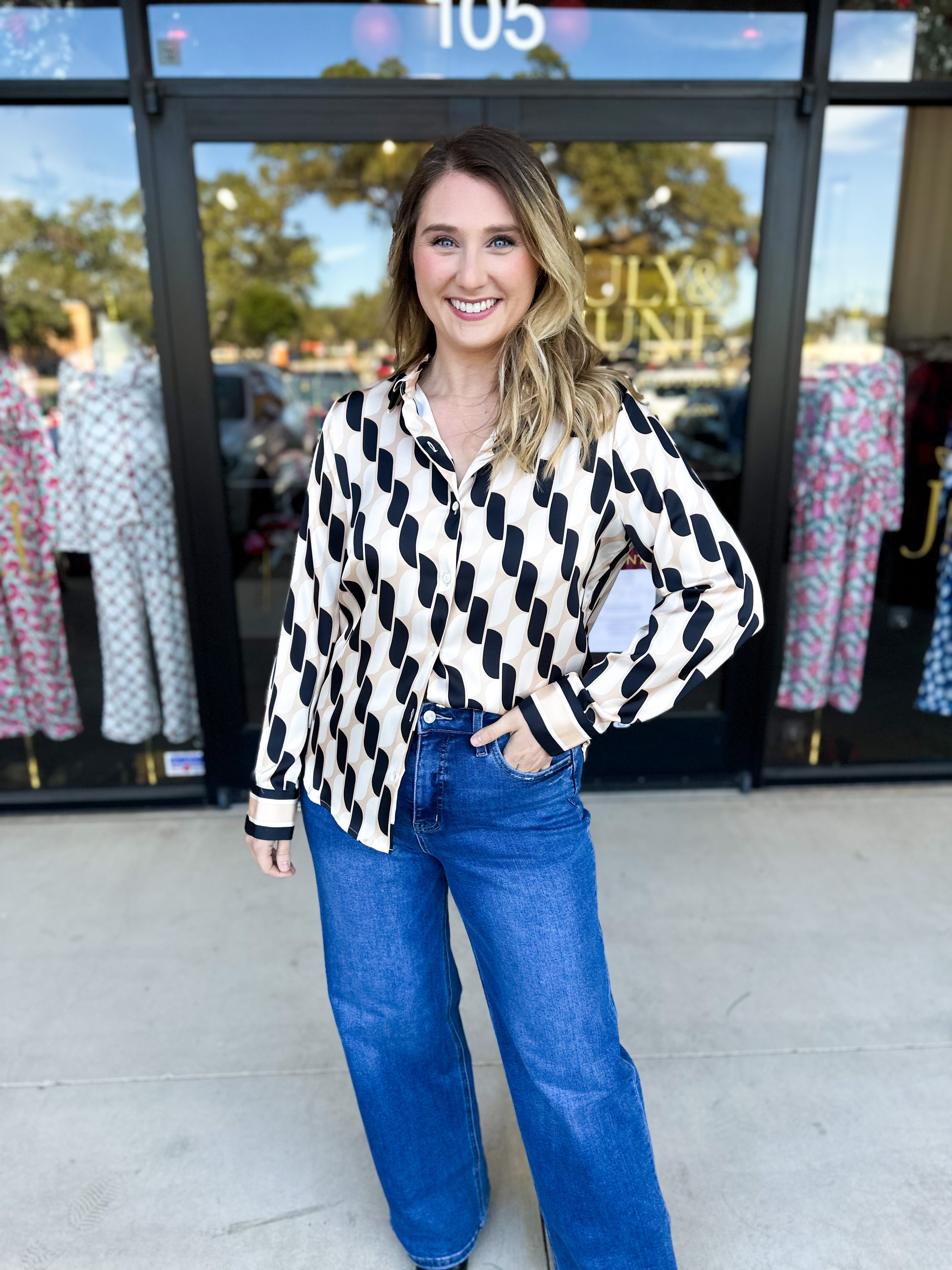 Retro Button Down Blouse-200 Fashion Blouses-SKIES ARE BLUE-July & June Women's Fashion Boutique Located in San Antonio, Texas