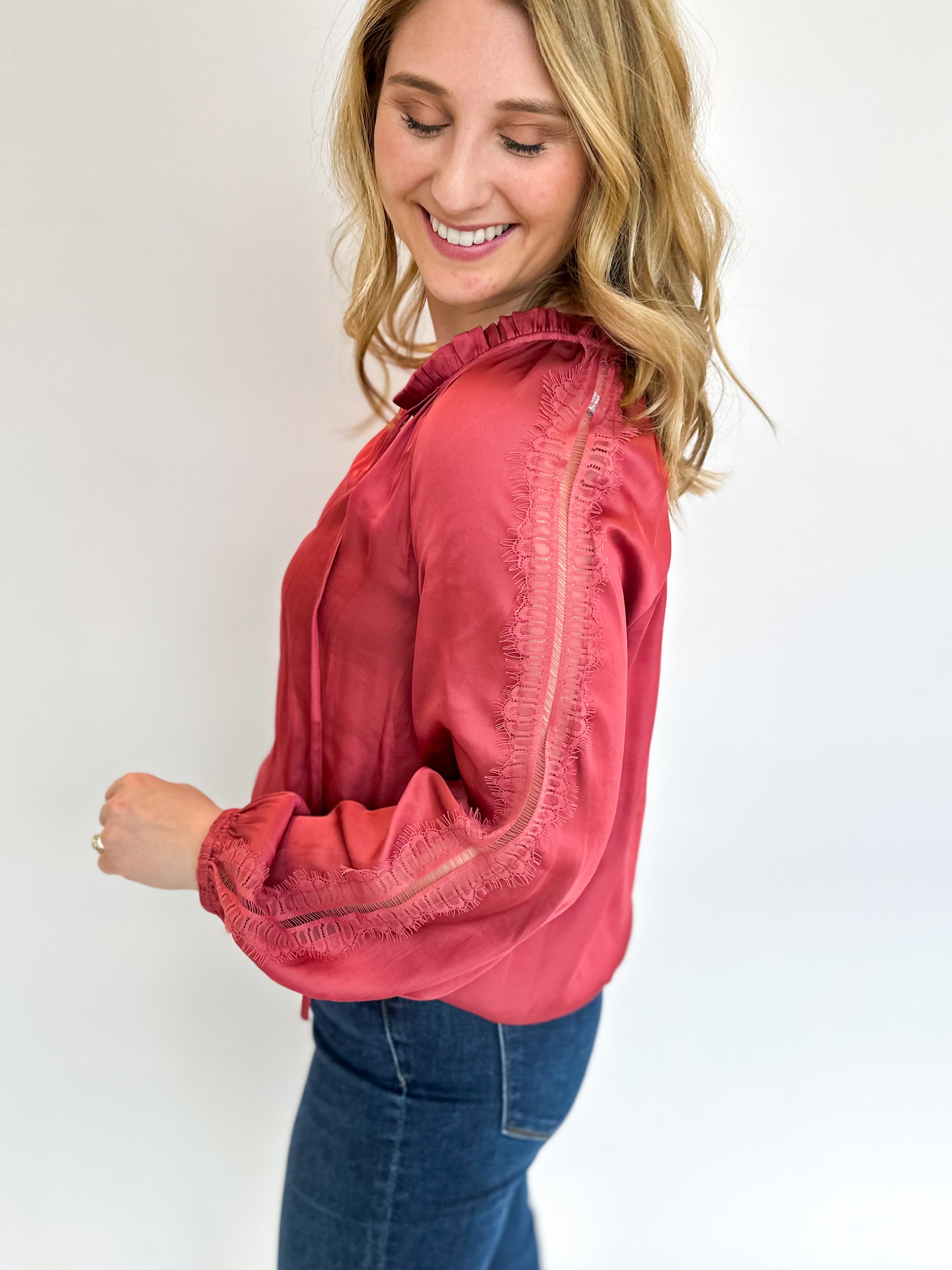 Lacey Details Blouse - Pink Red-200 Fashion Blouses-CURRENT AIR CLOTHING-July & June Women's Fashion Boutique Located in San Antonio, Texas
