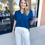 Everyday Ruffle V-Neck Blouse - Teal-200 Fashion Blouses-JODIFL-July & June Women's Fashion Boutique Located in San Antonio, Texas