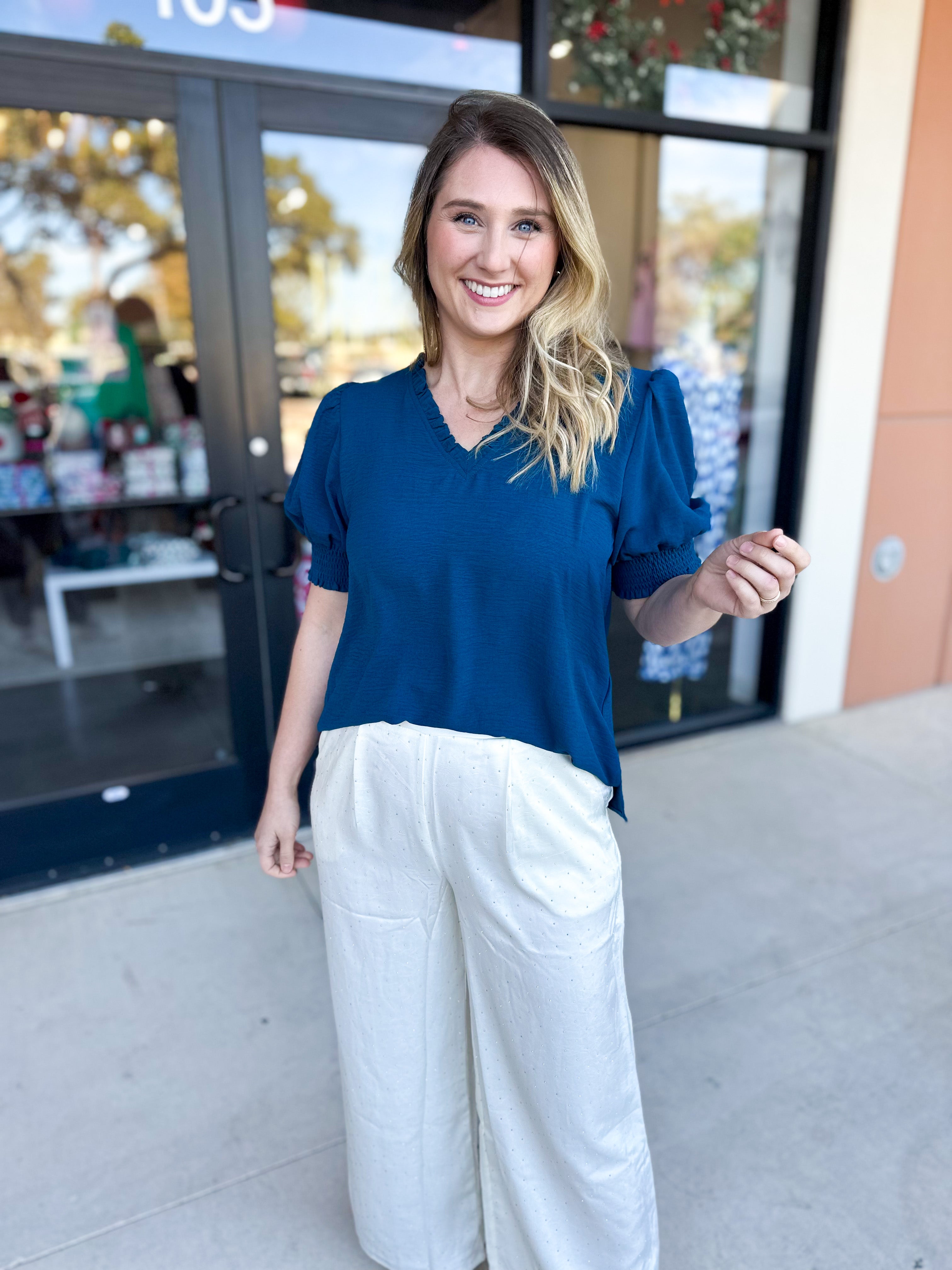 Everyday Ruffle V-Neck Blouse - Teal-200 Fashion Blouses-JODIFL-July & June Women's Fashion Boutique Located in San Antonio, Texas