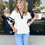 Ecru & Black Embroidered Blouse-200 Fashion Blouses-ENTRO-July & June Women's Fashion Boutique Located in San Antonio, Texas