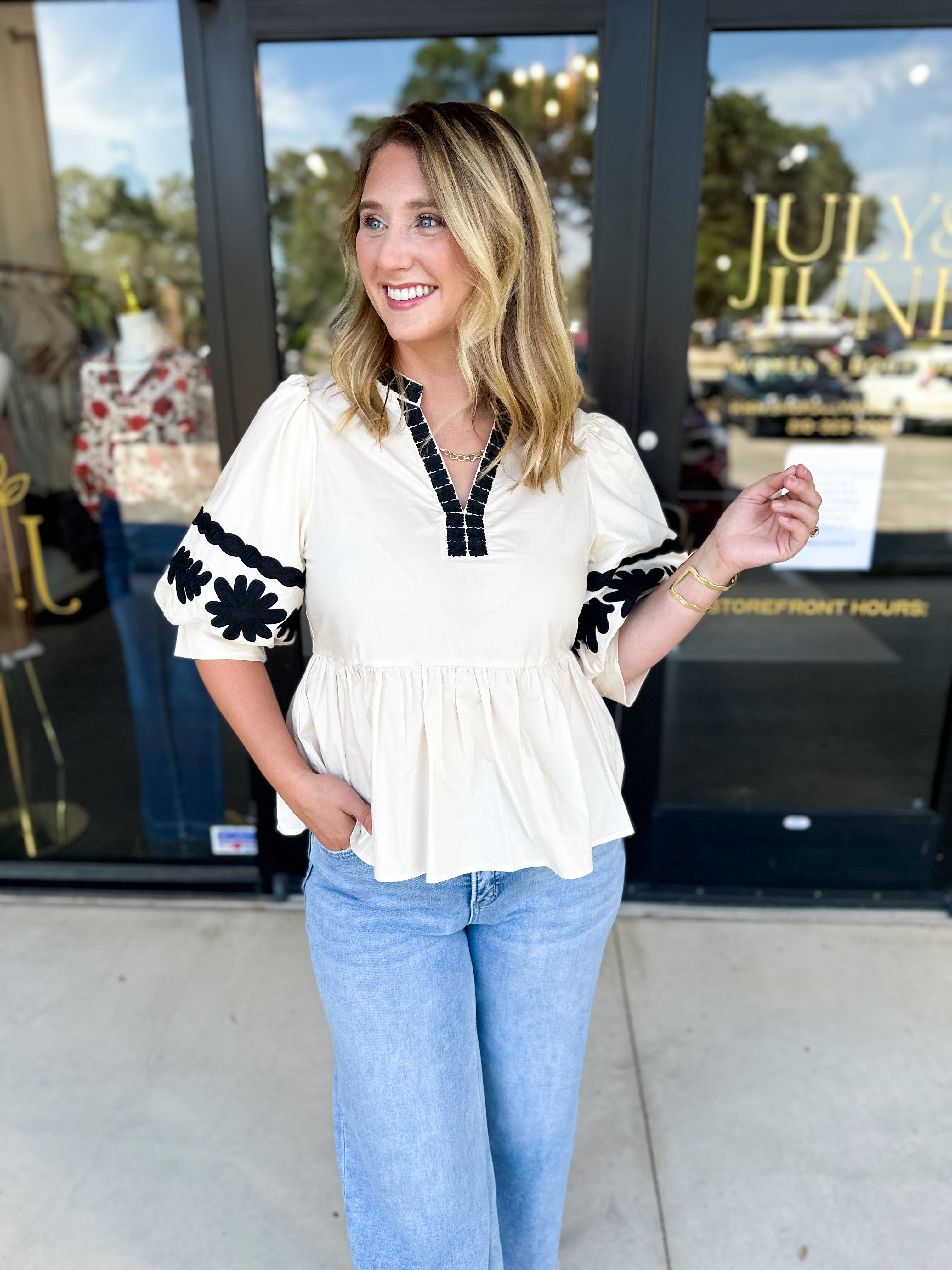Ecru & Black Embroidered Blouse-200 Fashion Blouses-ENTRO-July & June Women's Fashion Boutique Located in San Antonio, Texas