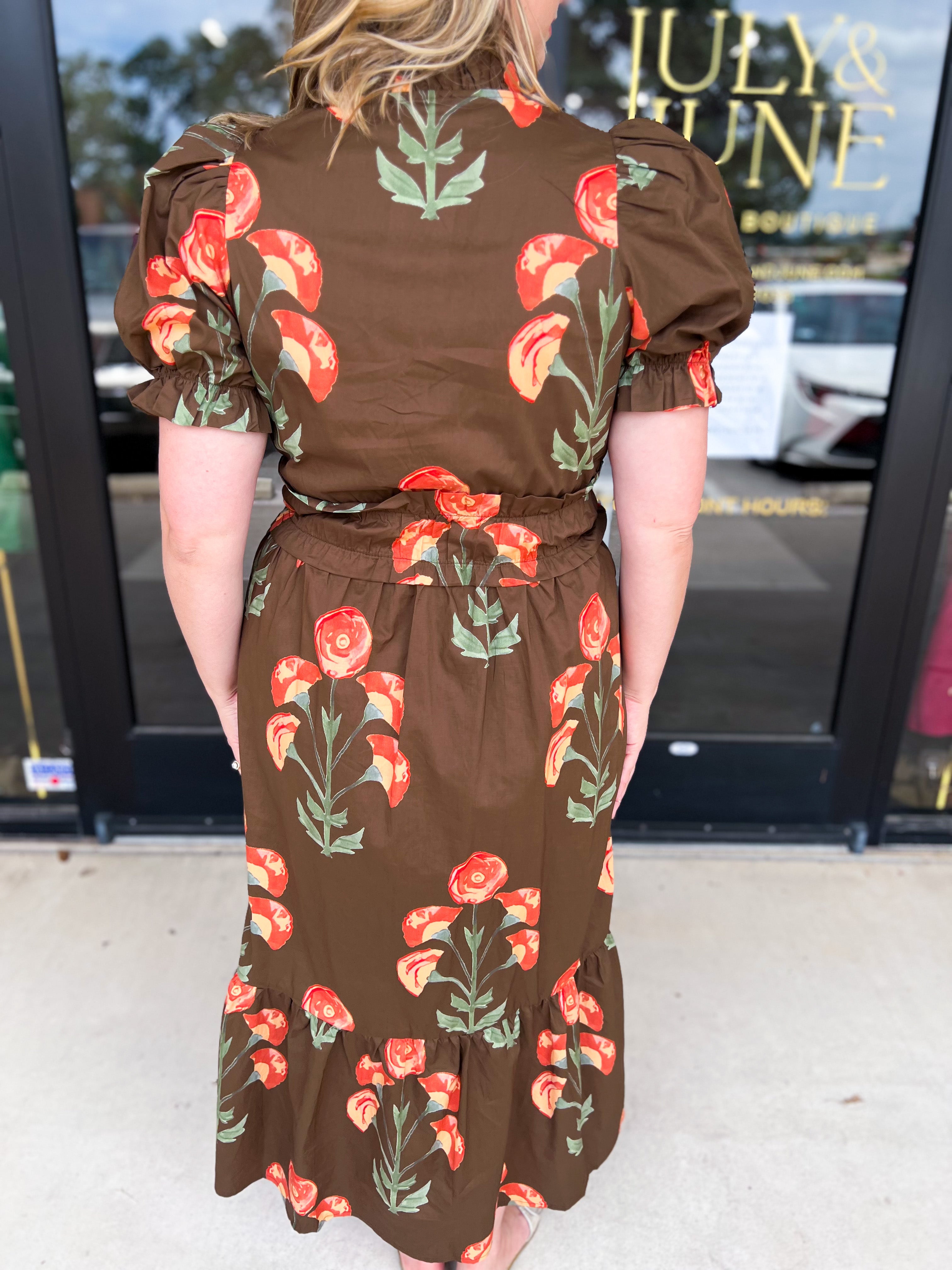 Mocha & Rust Floral Midi Dress-500 Midi-ENTRO-July & June Women's Fashion Boutique Located in San Antonio, Texas
