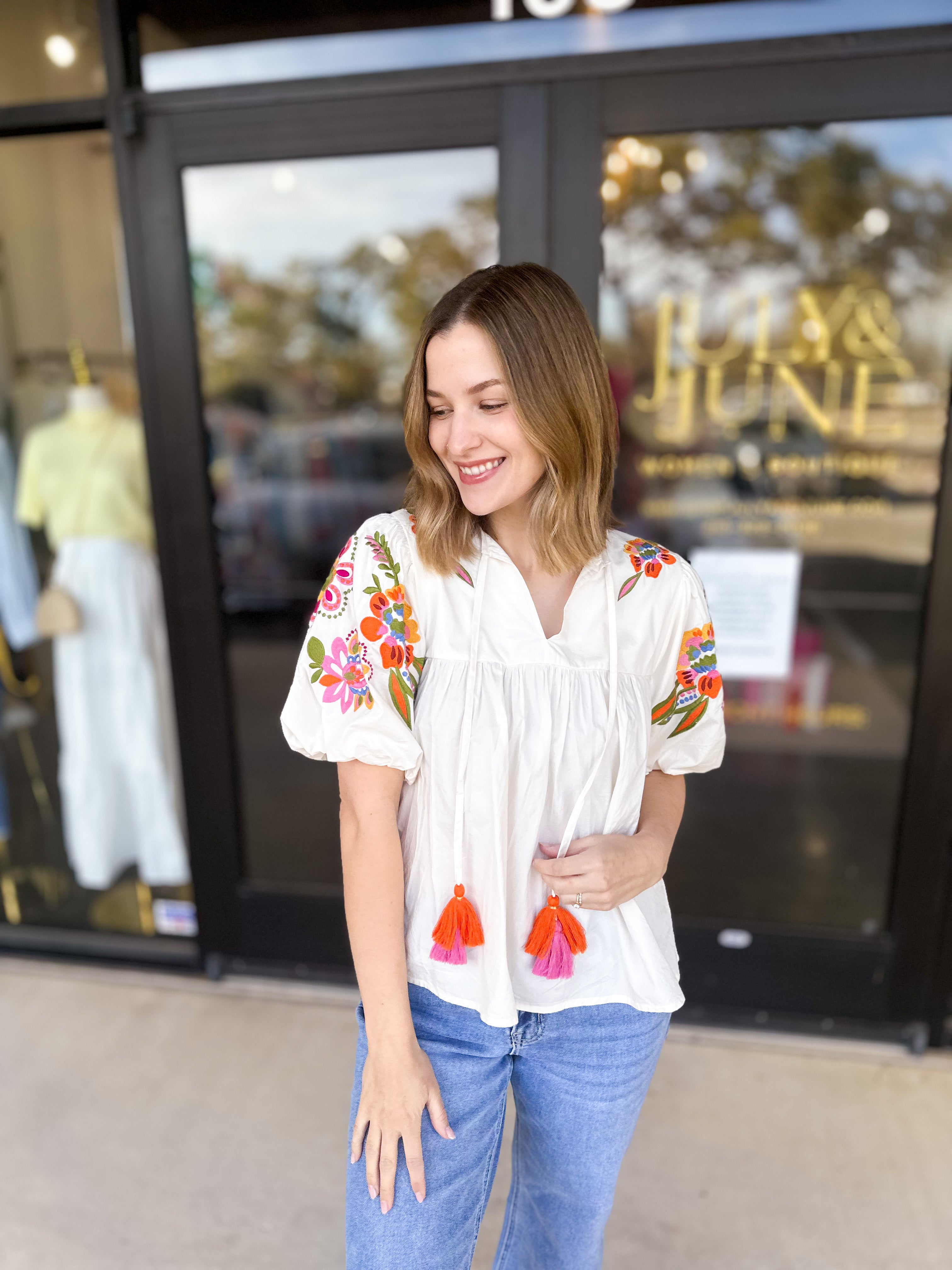 THML - Classic Ivory Embroidered Blouse-200 Fashion Blouses-THML-July & June Women's Fashion Boutique Located in San Antonio, Texas