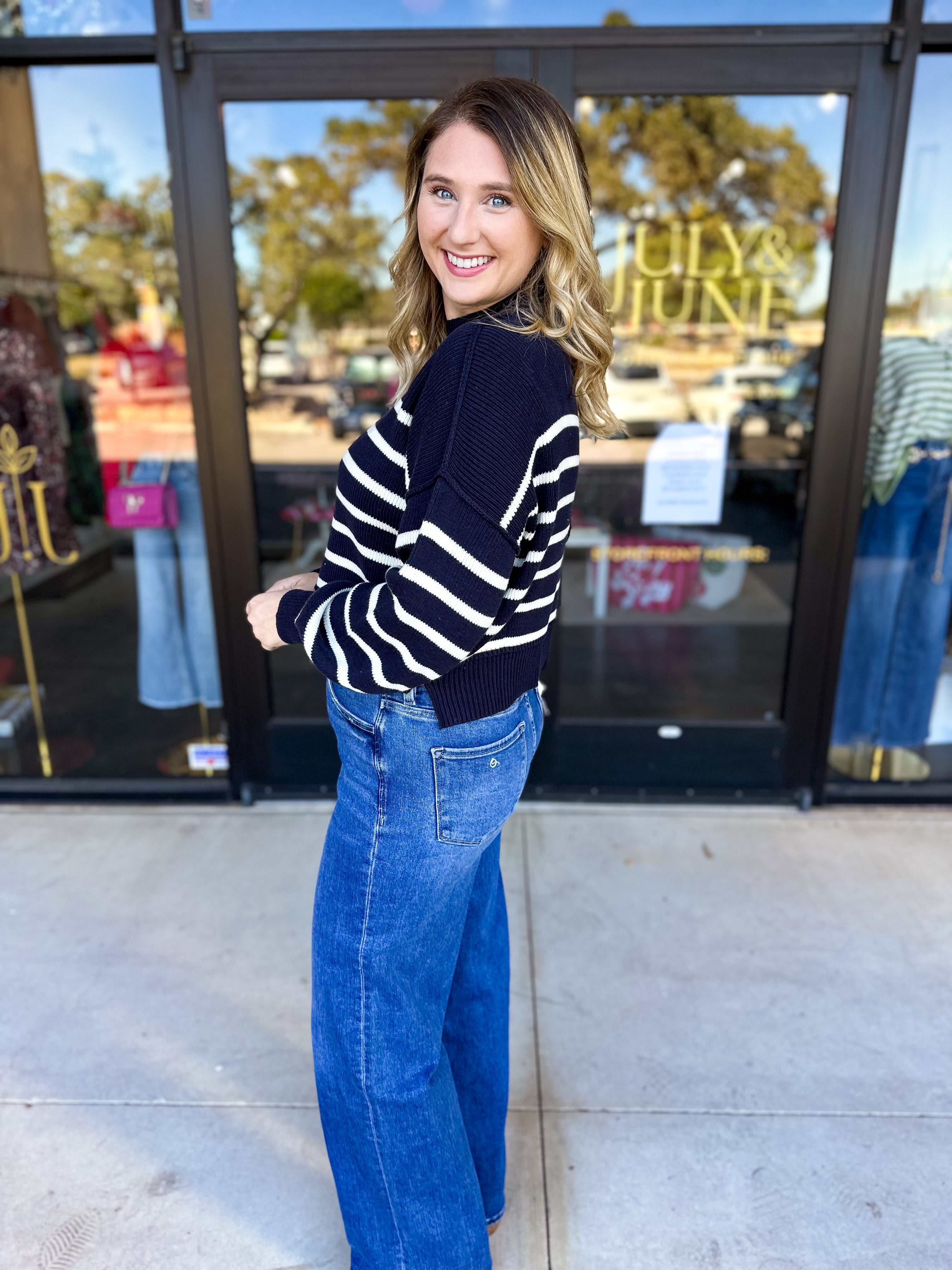Pink Friday Doorbuster - Mock Neck Sweater Top - Navy - ONLINE-PINK FRIDAY DOORBUSTERS-BLU PEPPER-July & June Women's Fashion Boutique Located in San Antonio, Texas